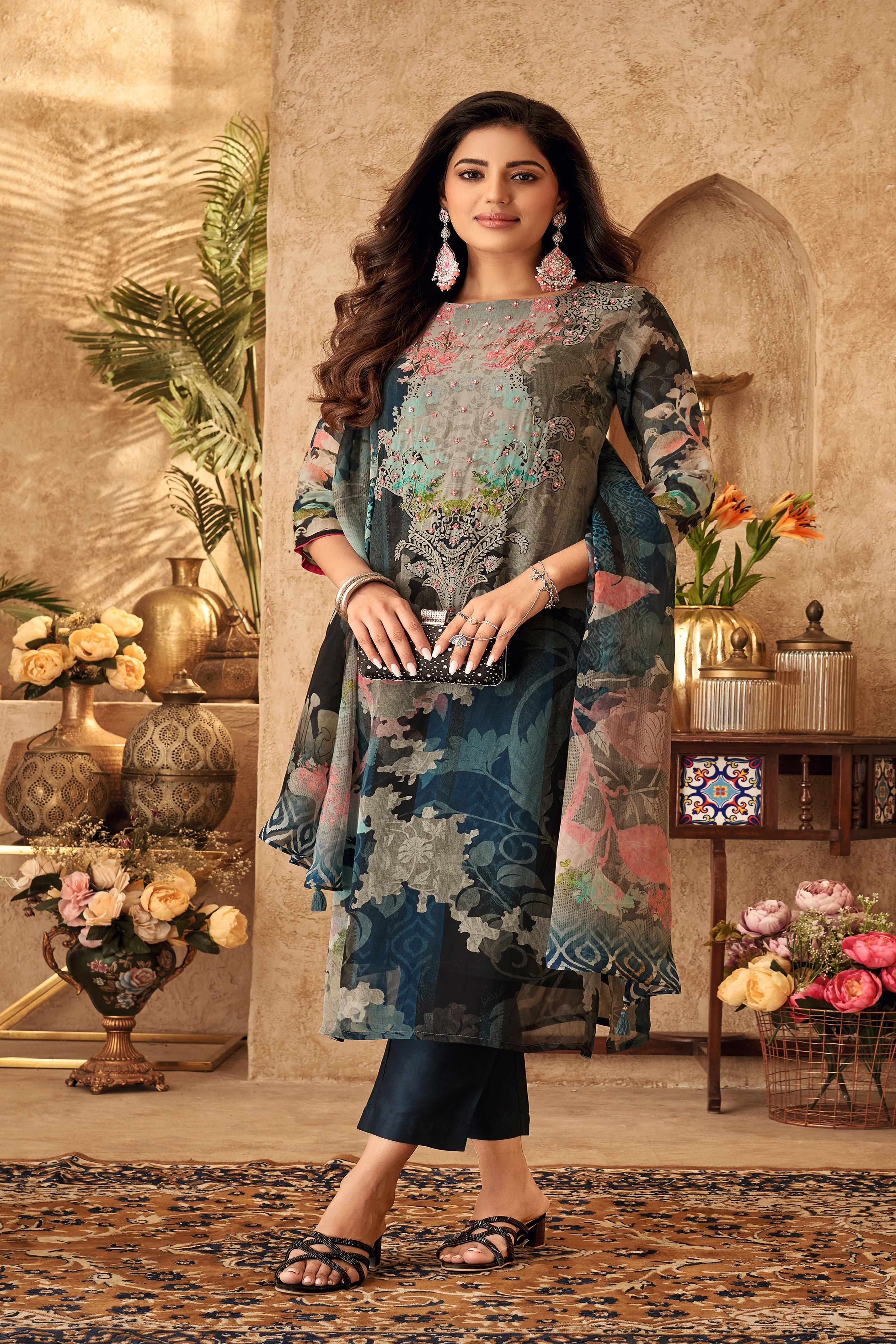 Teal Floral Printed Georgette Silk Kurta Pants Set - Mokshaa