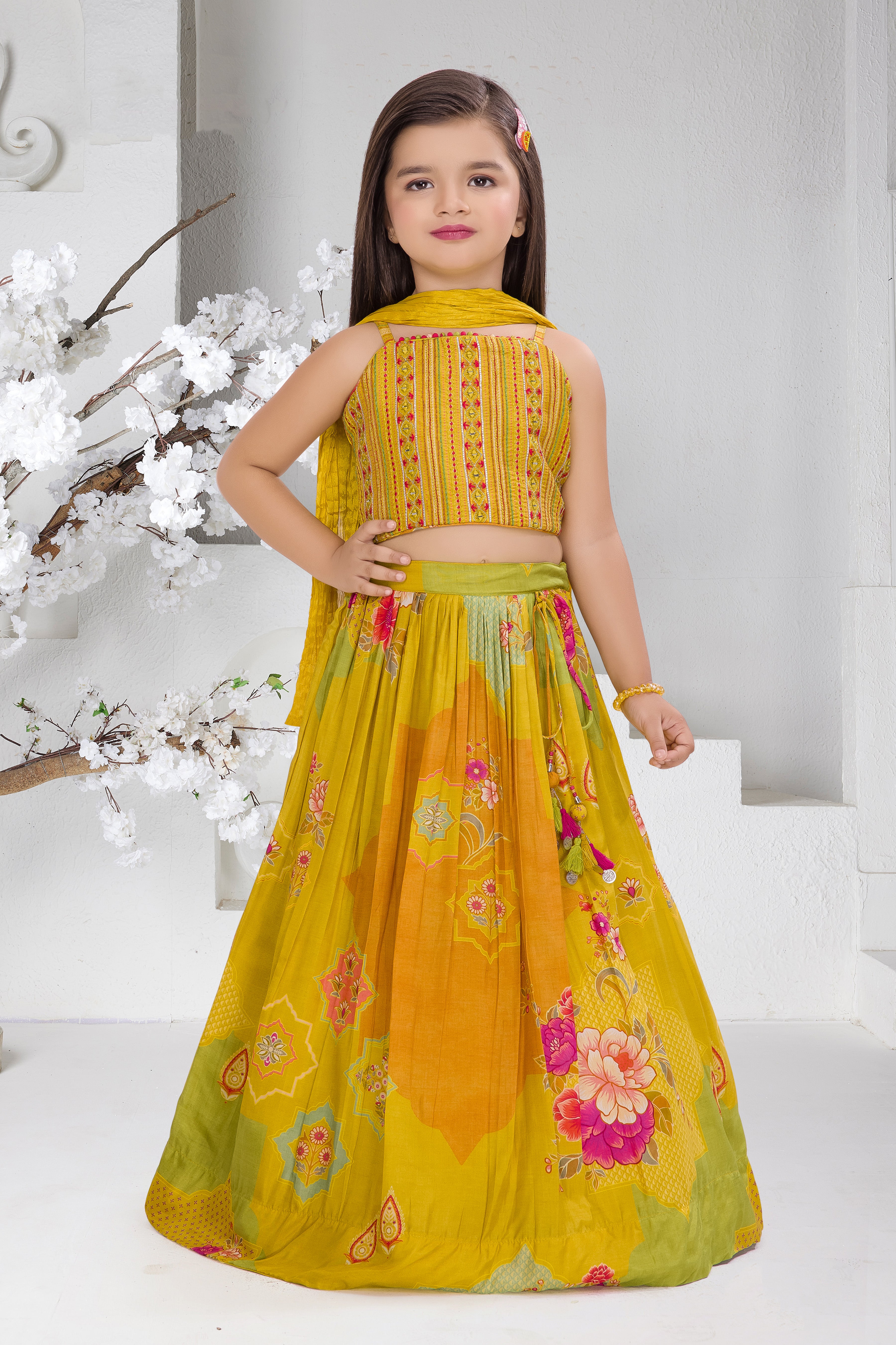 Mustard Printed Lehenga Set for Girls