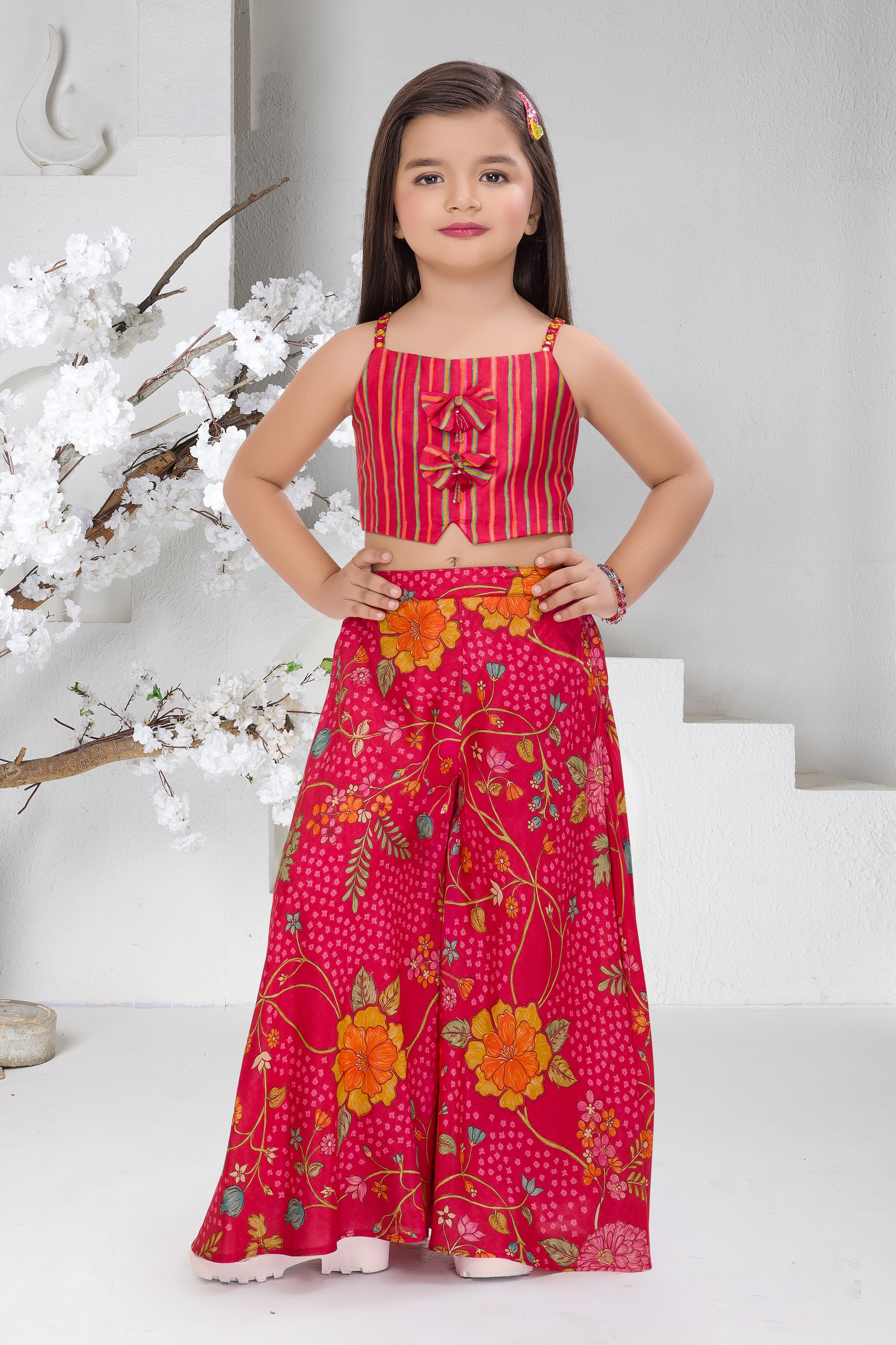 Pink Printed Crop Top & Palazzo Set for Girls