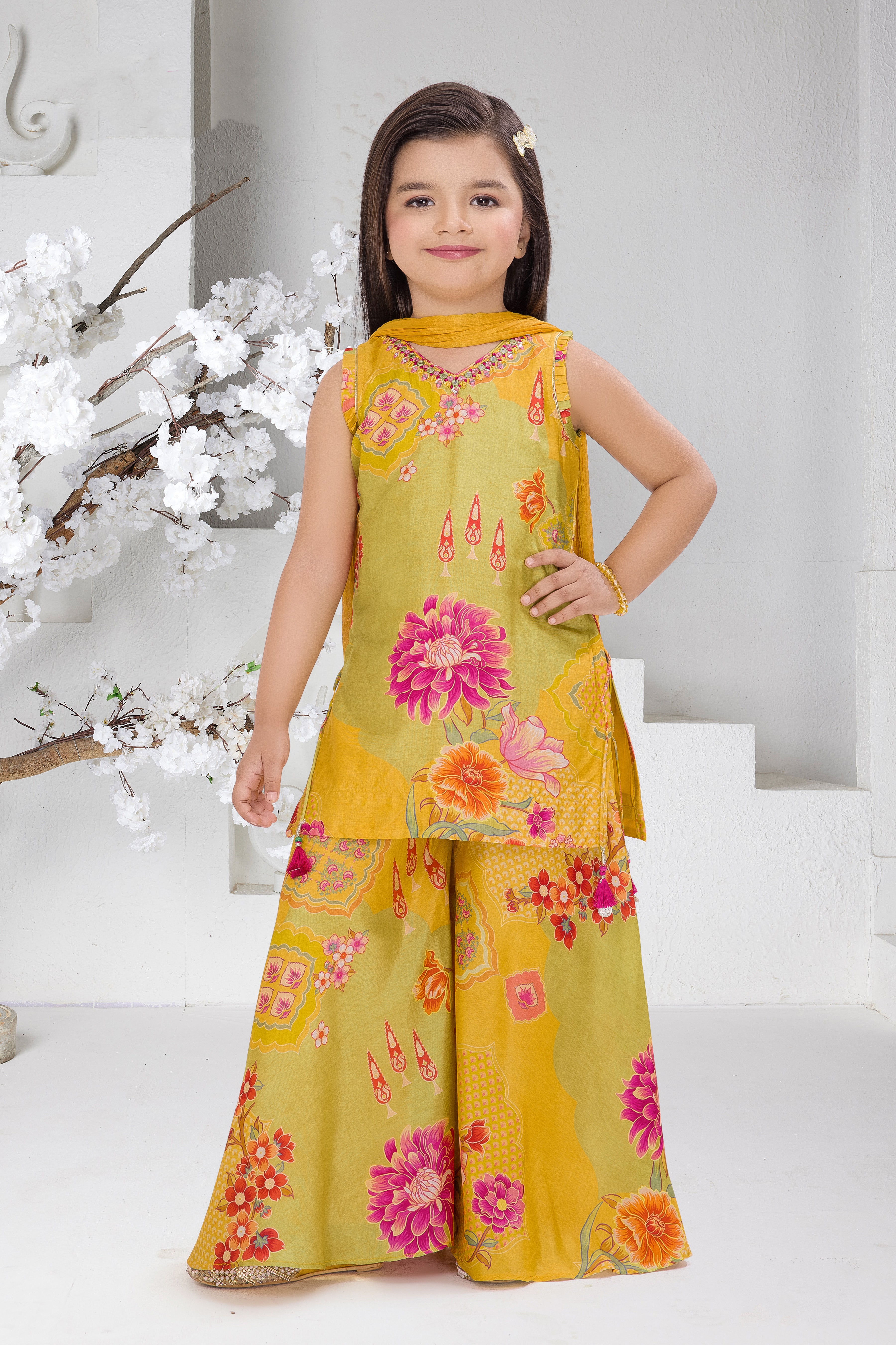 Mustard Yellow Floral Print Embroidered Kurti & Sharara Set for Girls
