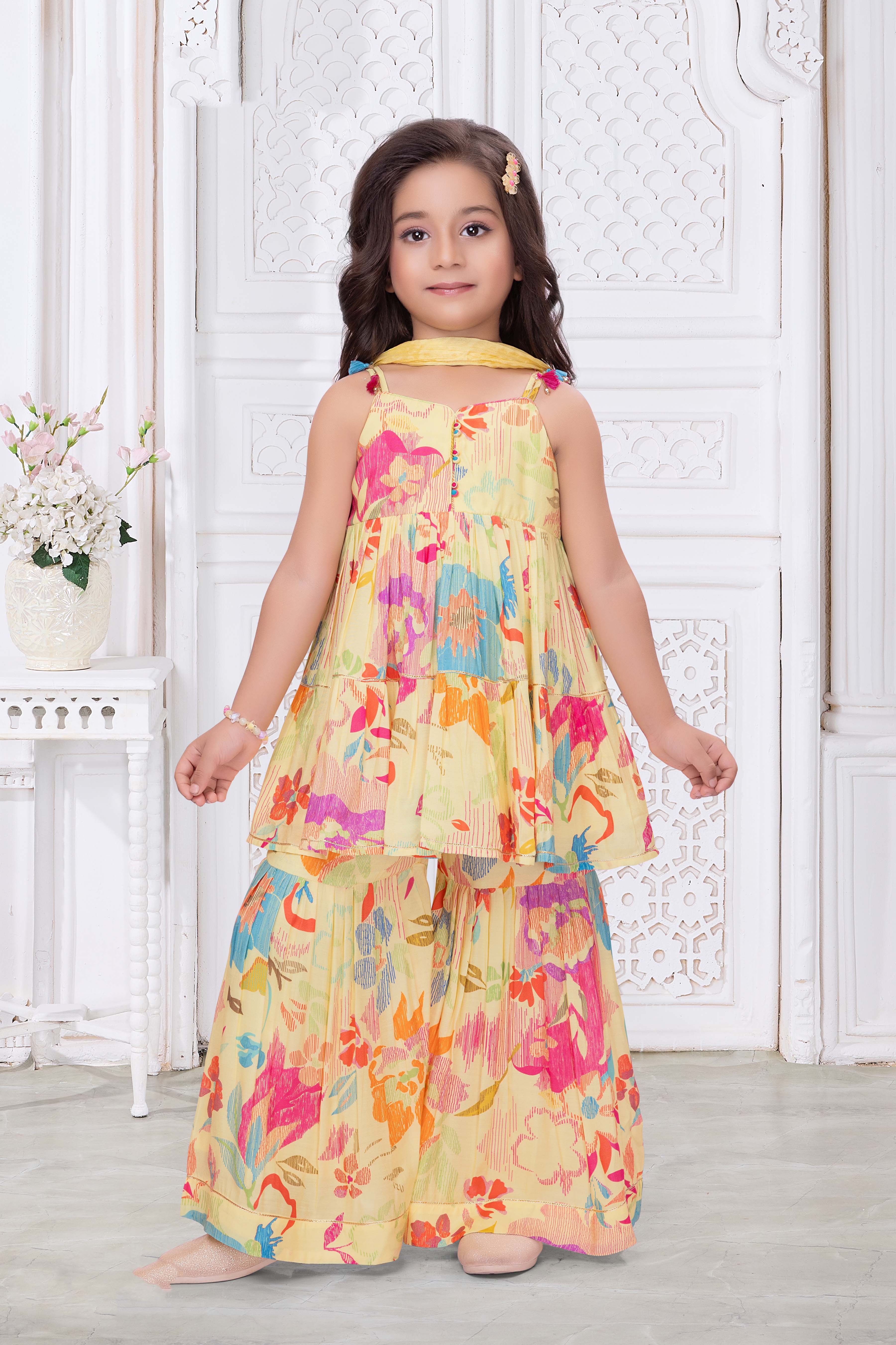 Yellow Multicolor Floral Crepe Sharara Set