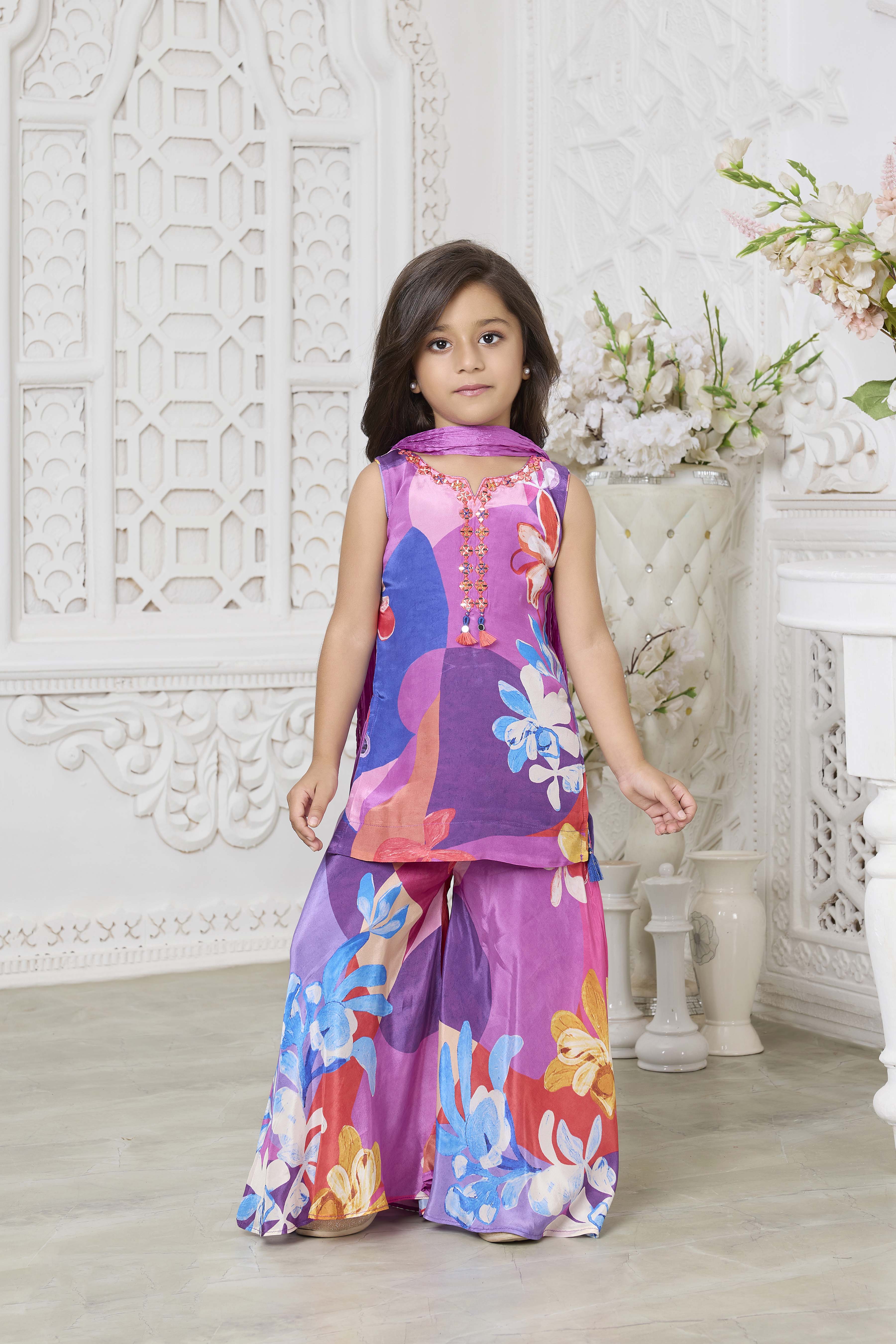 Purple Multicolor Floral Crepe Sharara Set