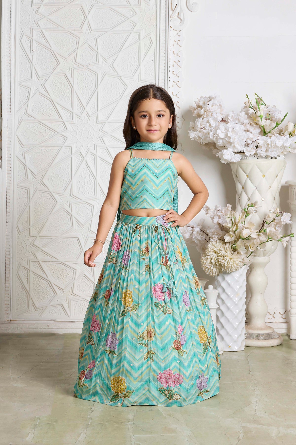 Sea Green Chevron Floral Print Lehenga