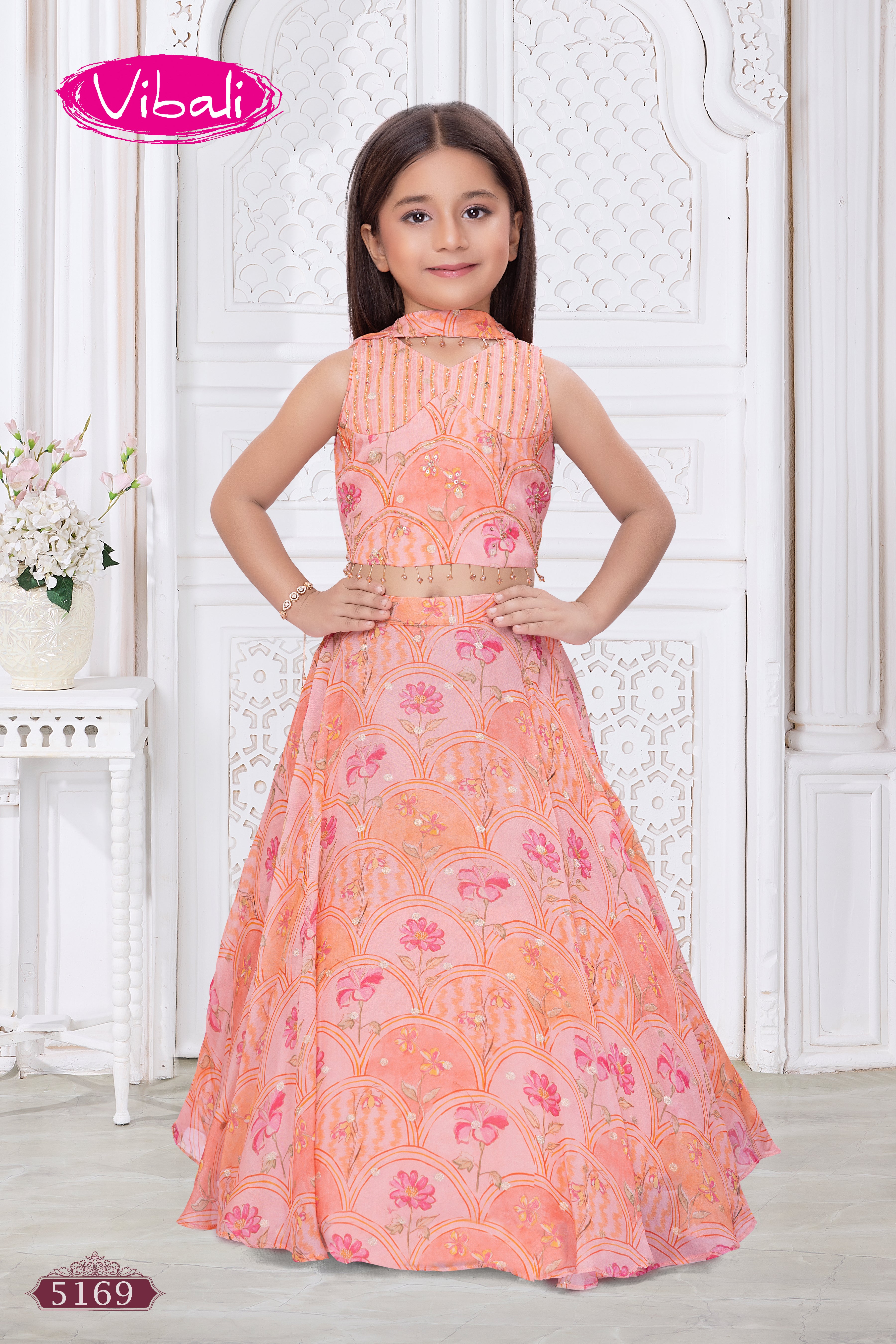 Peach Organza Floral Print Lehenga
