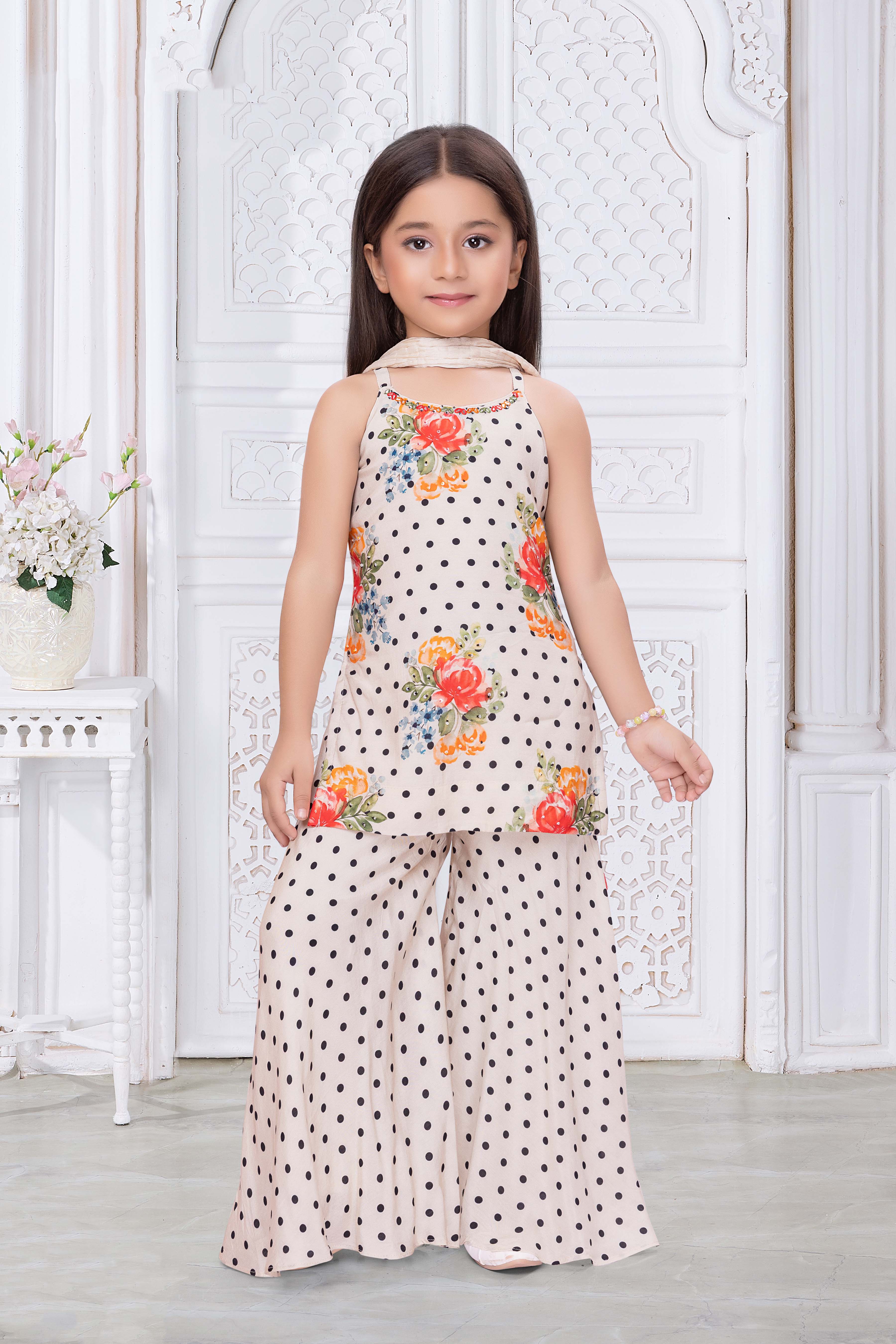 Cream Polka Dot Floral Crepe Palazzo Set