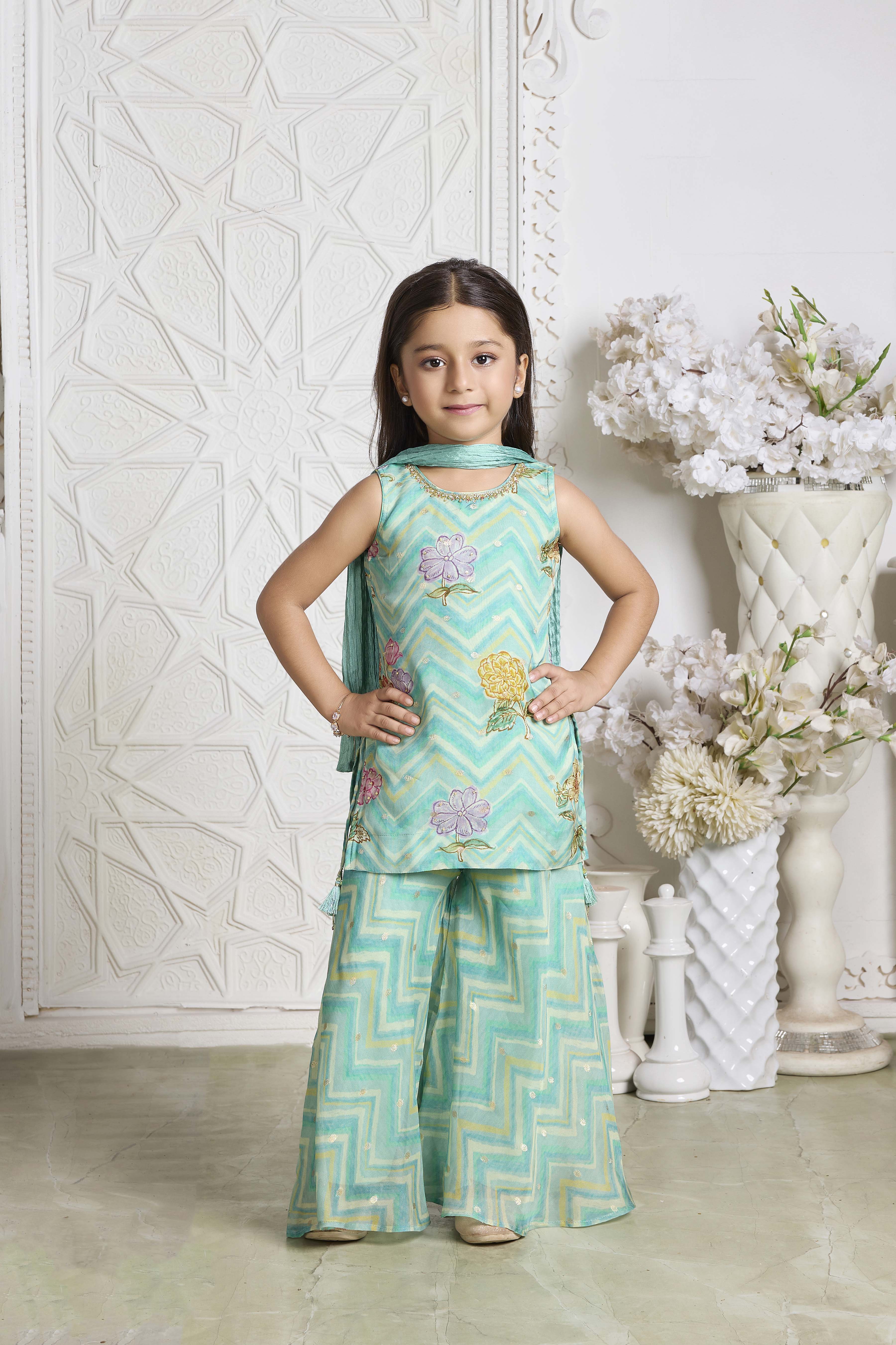 Sea Green Chevron Floral Organza Sharara Set