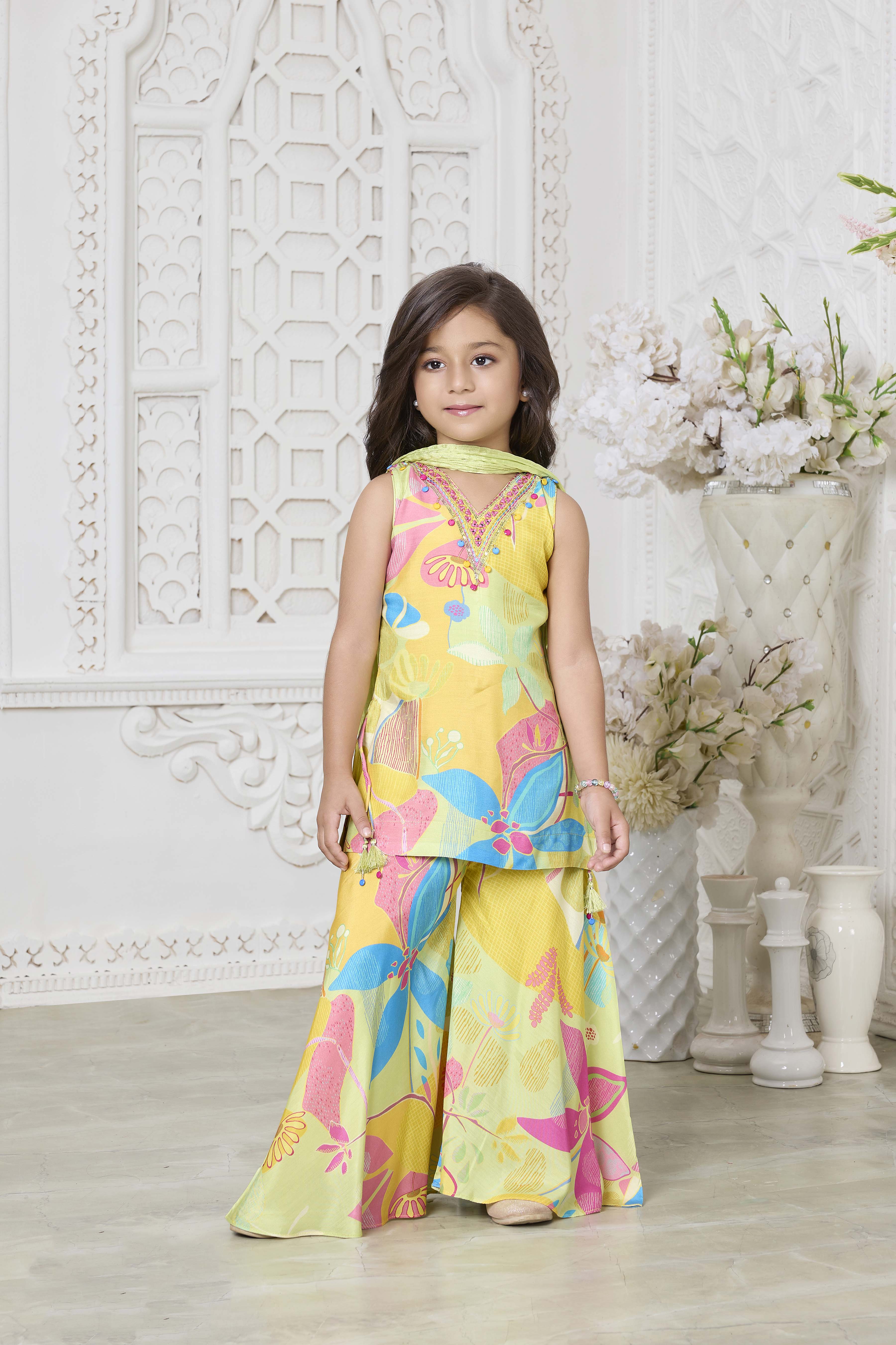 Green Multicolor Floral Crepe Sharara Set