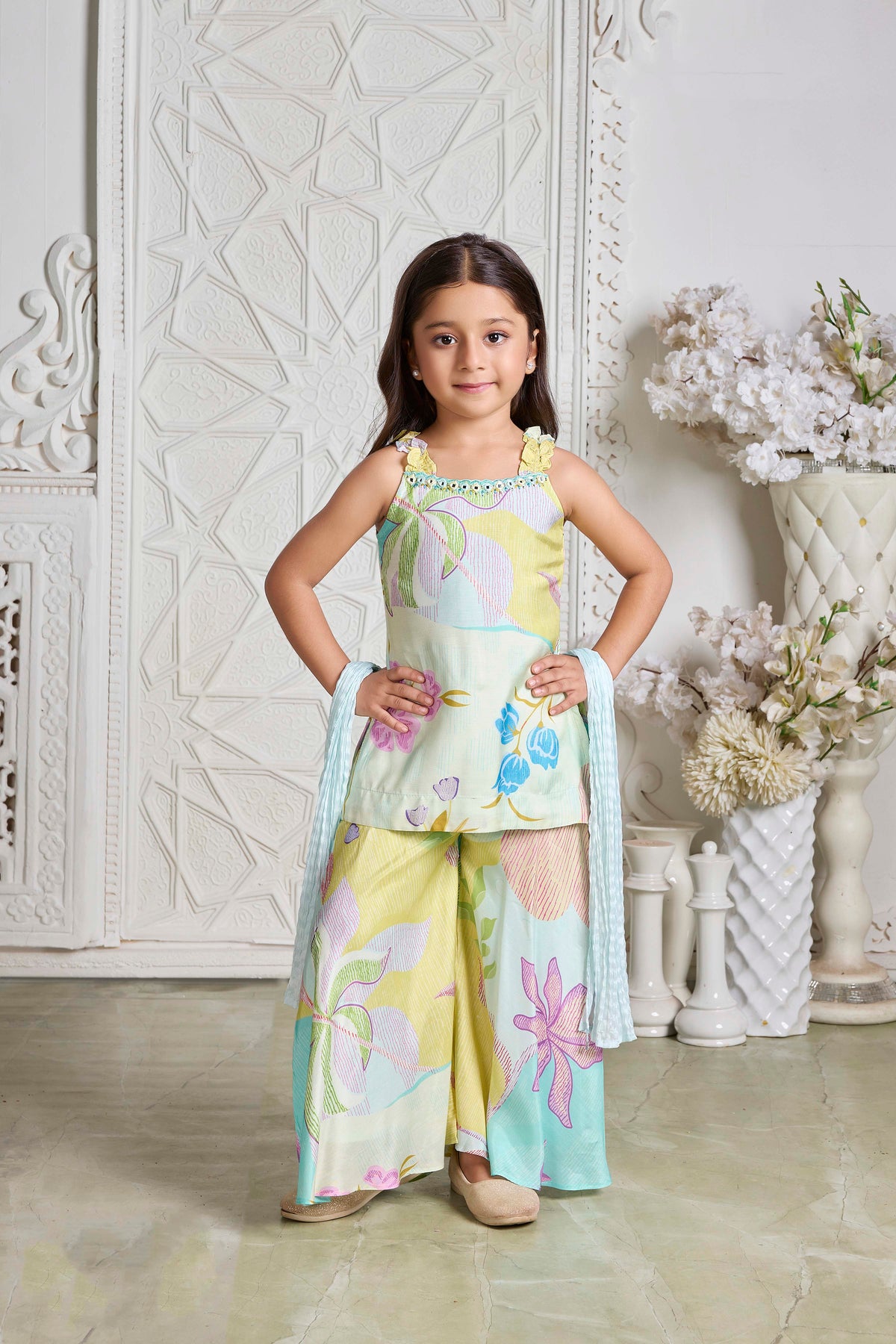 Aqua Multicolor Floral Print Crepe Palazzo Set