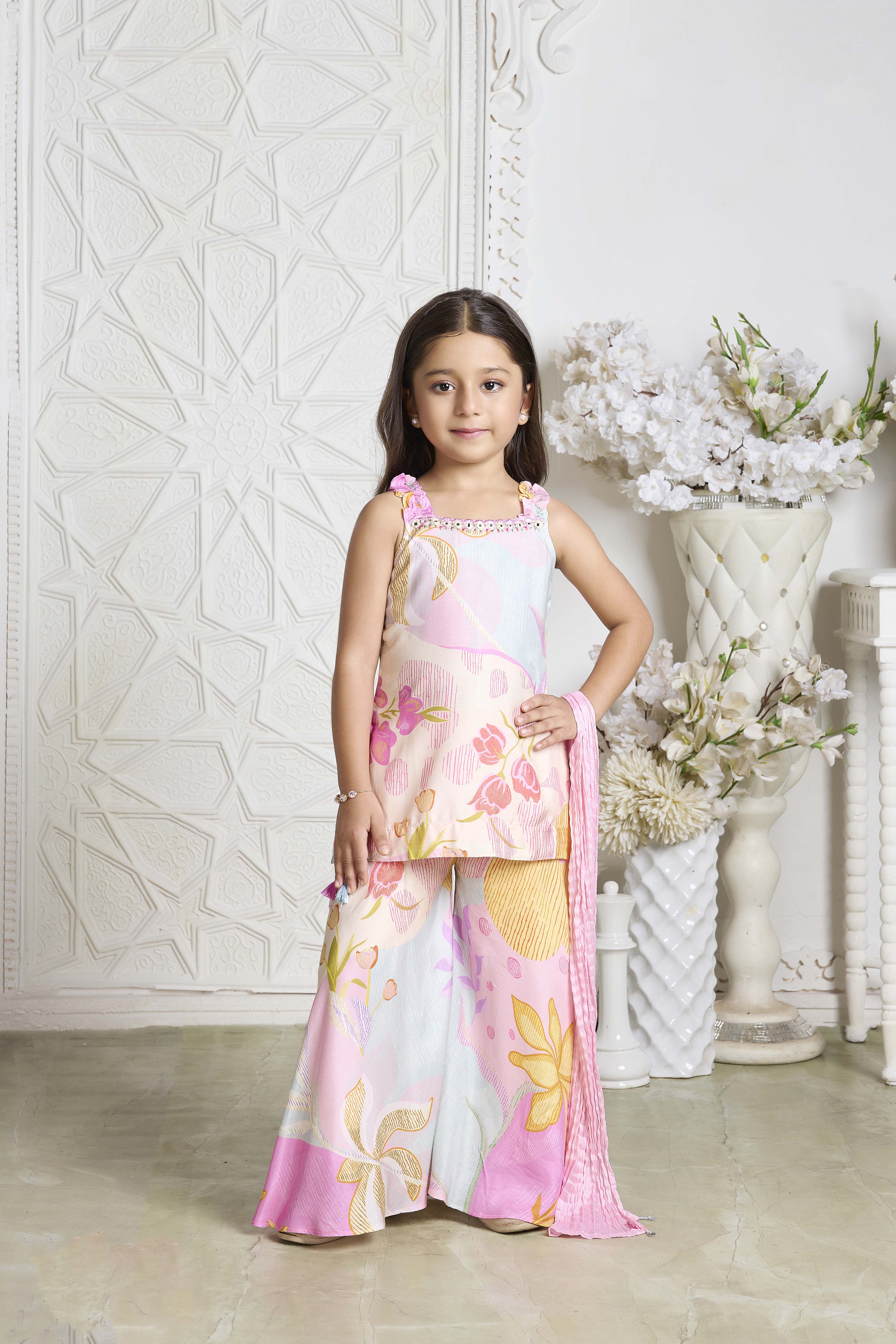 Pink Multicolor Floral Print Crepe Palazzo Set