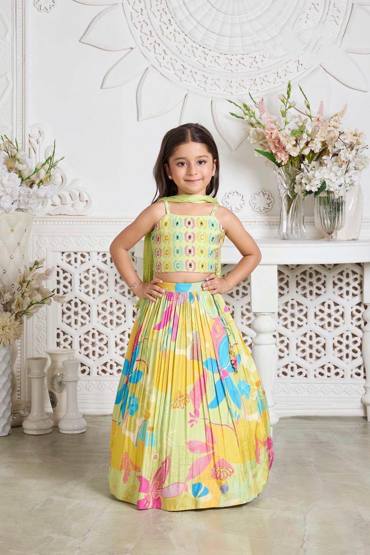 Pastel Green Multicolour Floral Lehenga Set for Girls