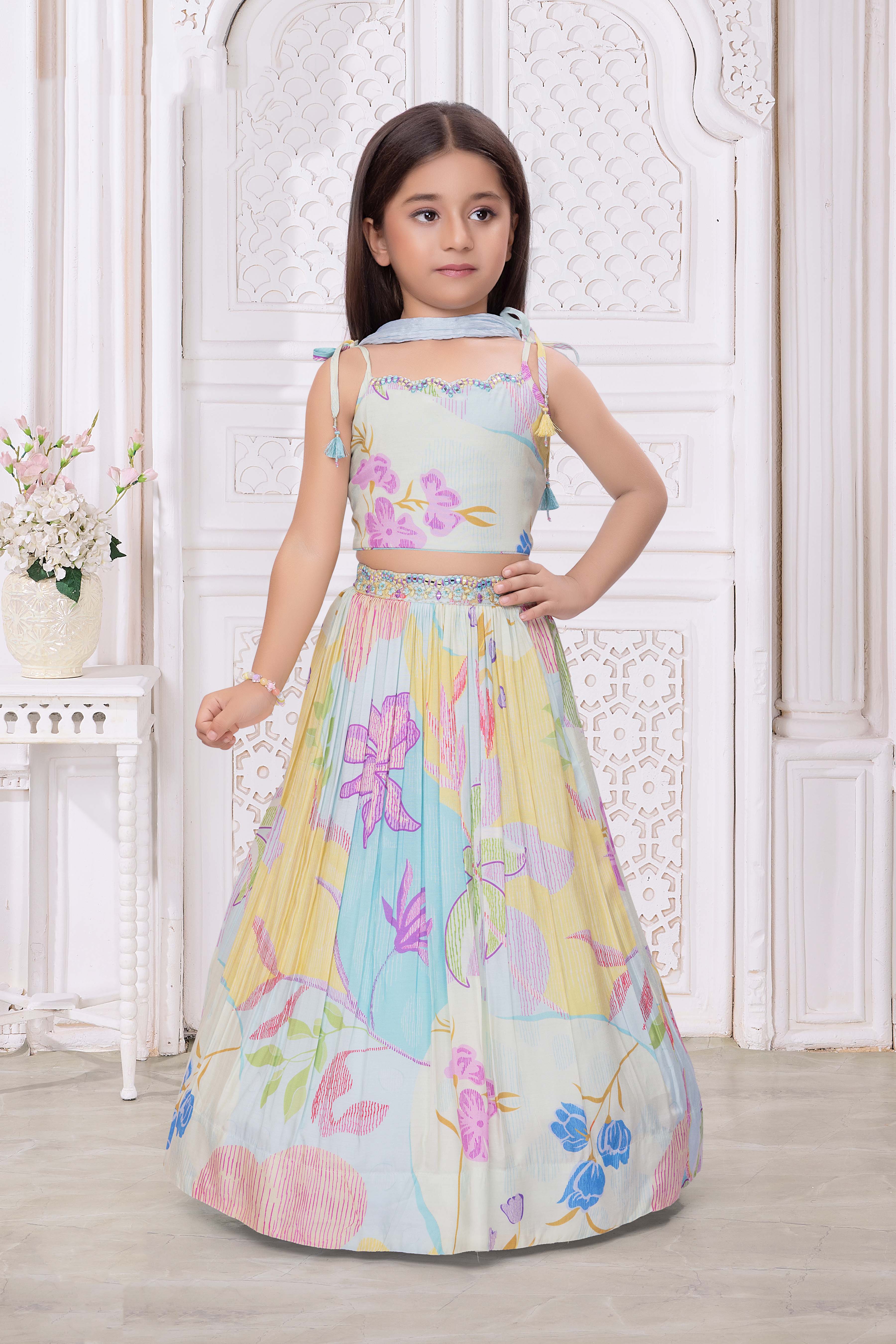 Blue Multicolor Floral Print Crepe Lehenga
