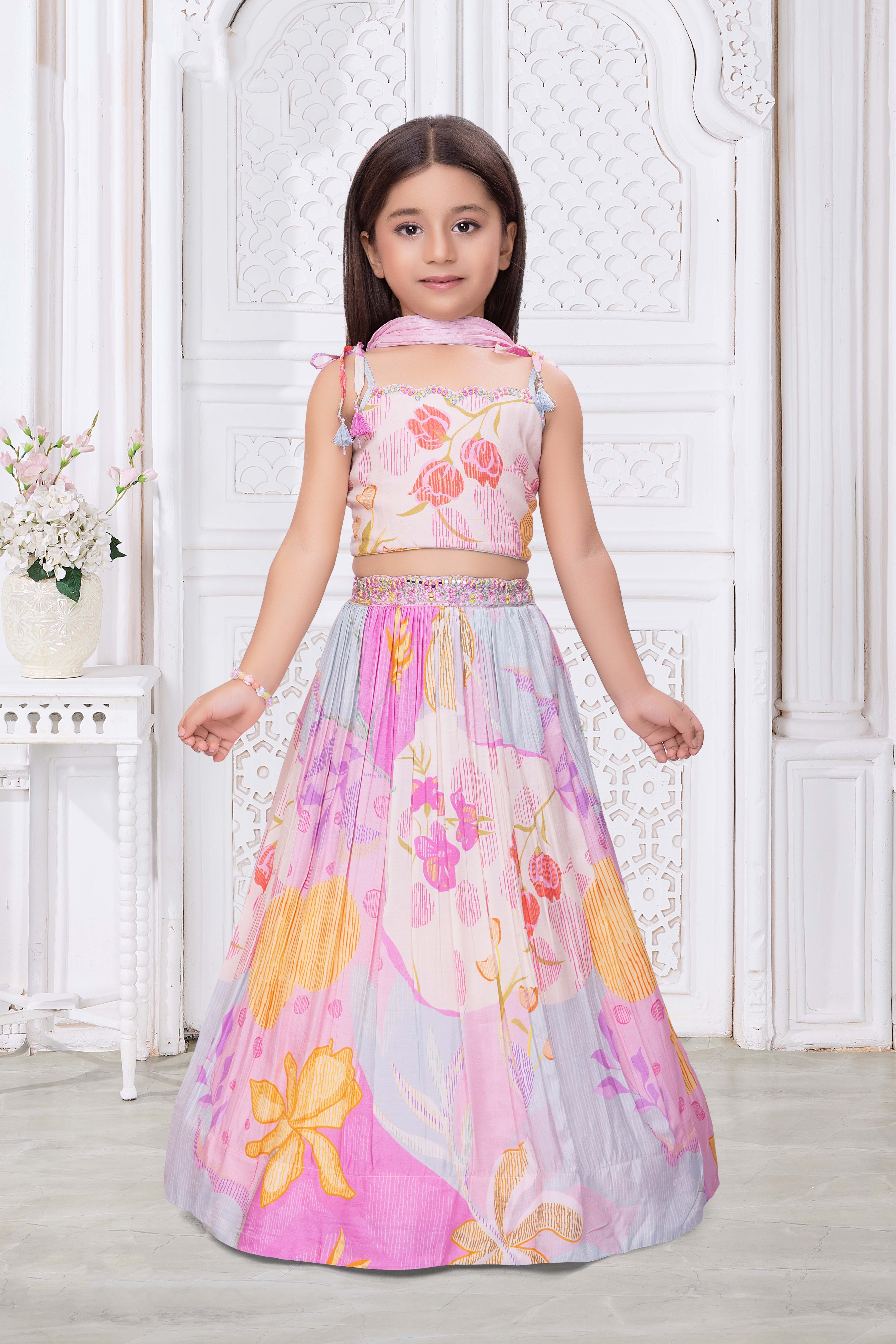 Pink Multicolor Floral Print Crepe Lehenga