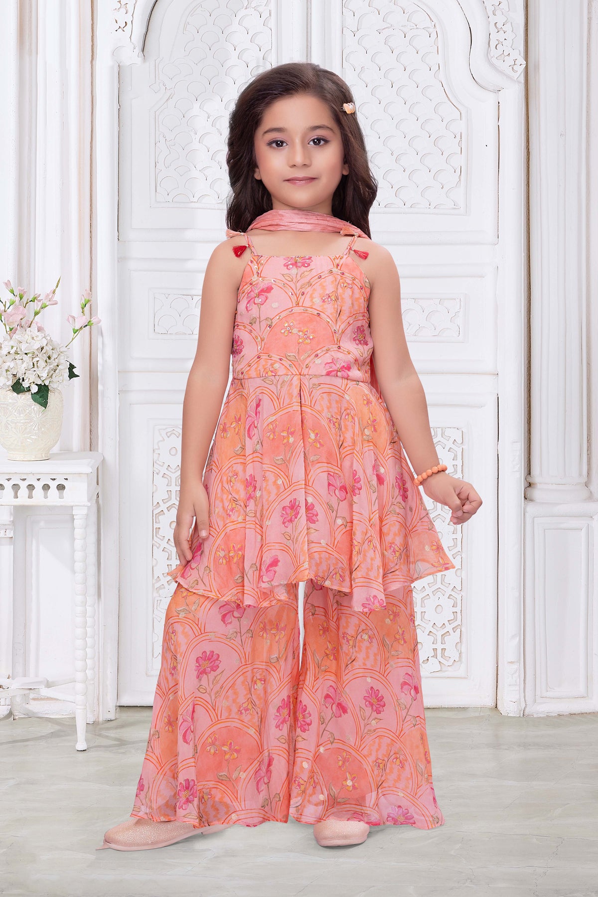 Peach Floral Print Organza Sharara Set