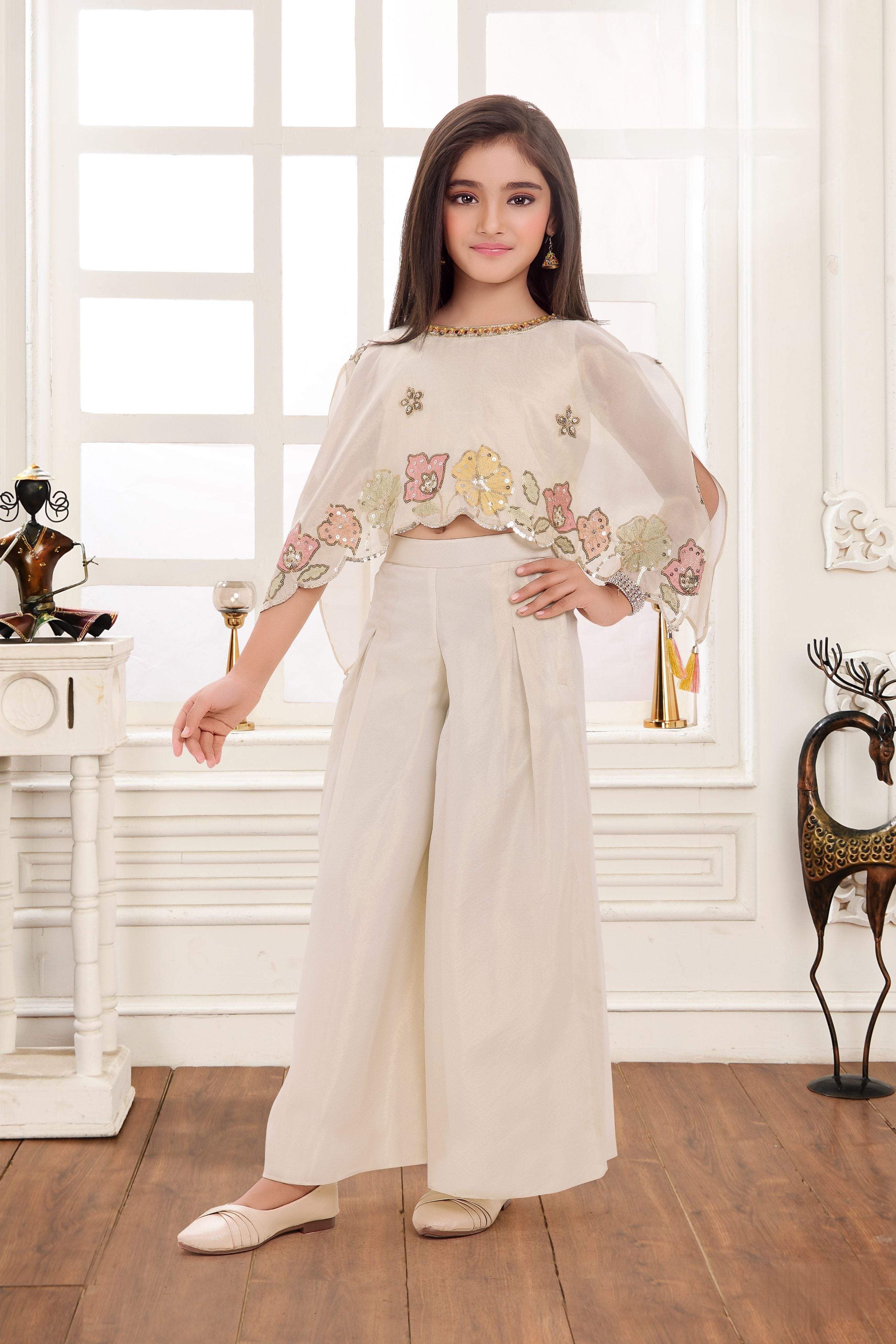 Cream Palazzo Set with Floral Cape Top