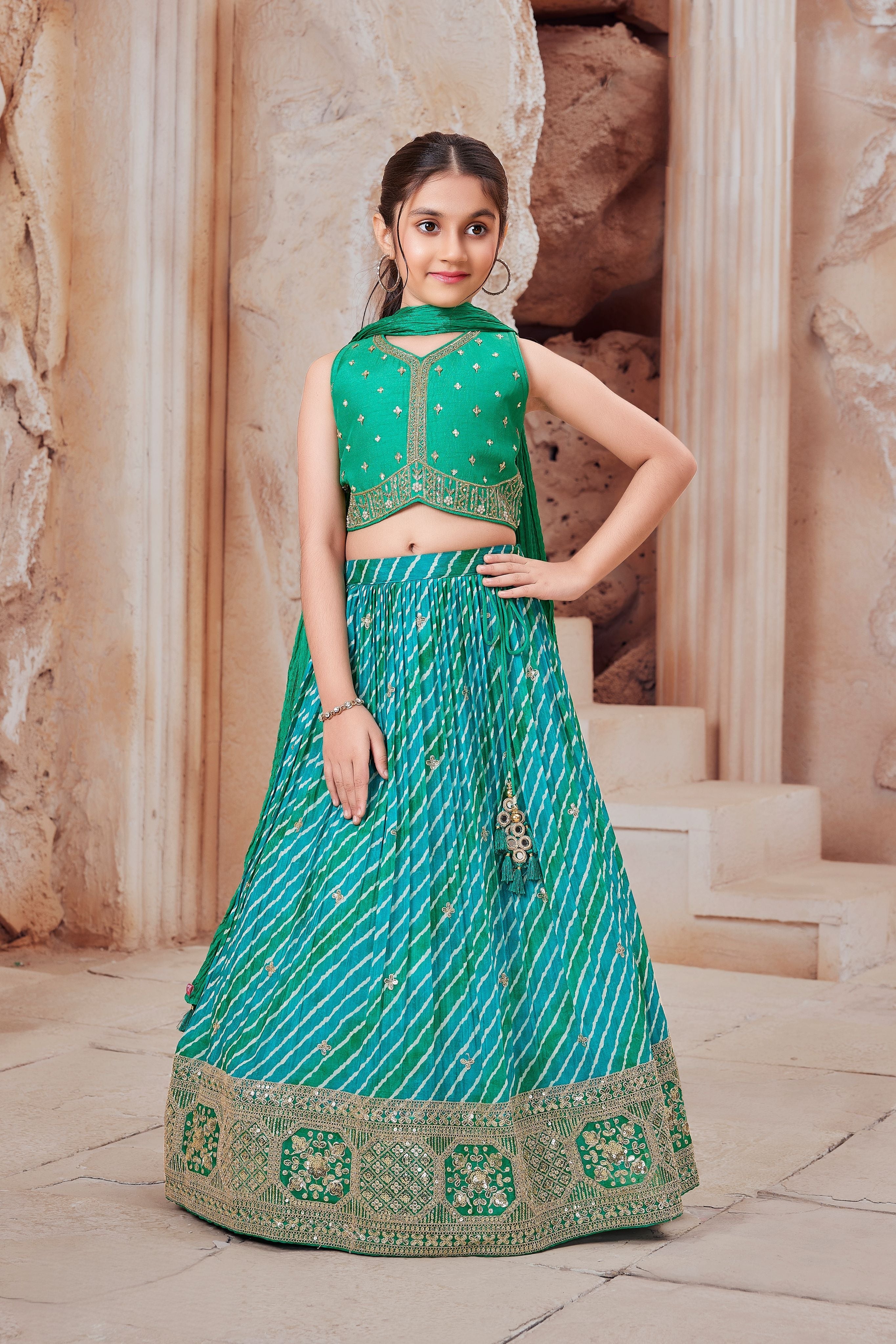 Rama Green Bandhani Lehenga Choli Set  Mokshaa