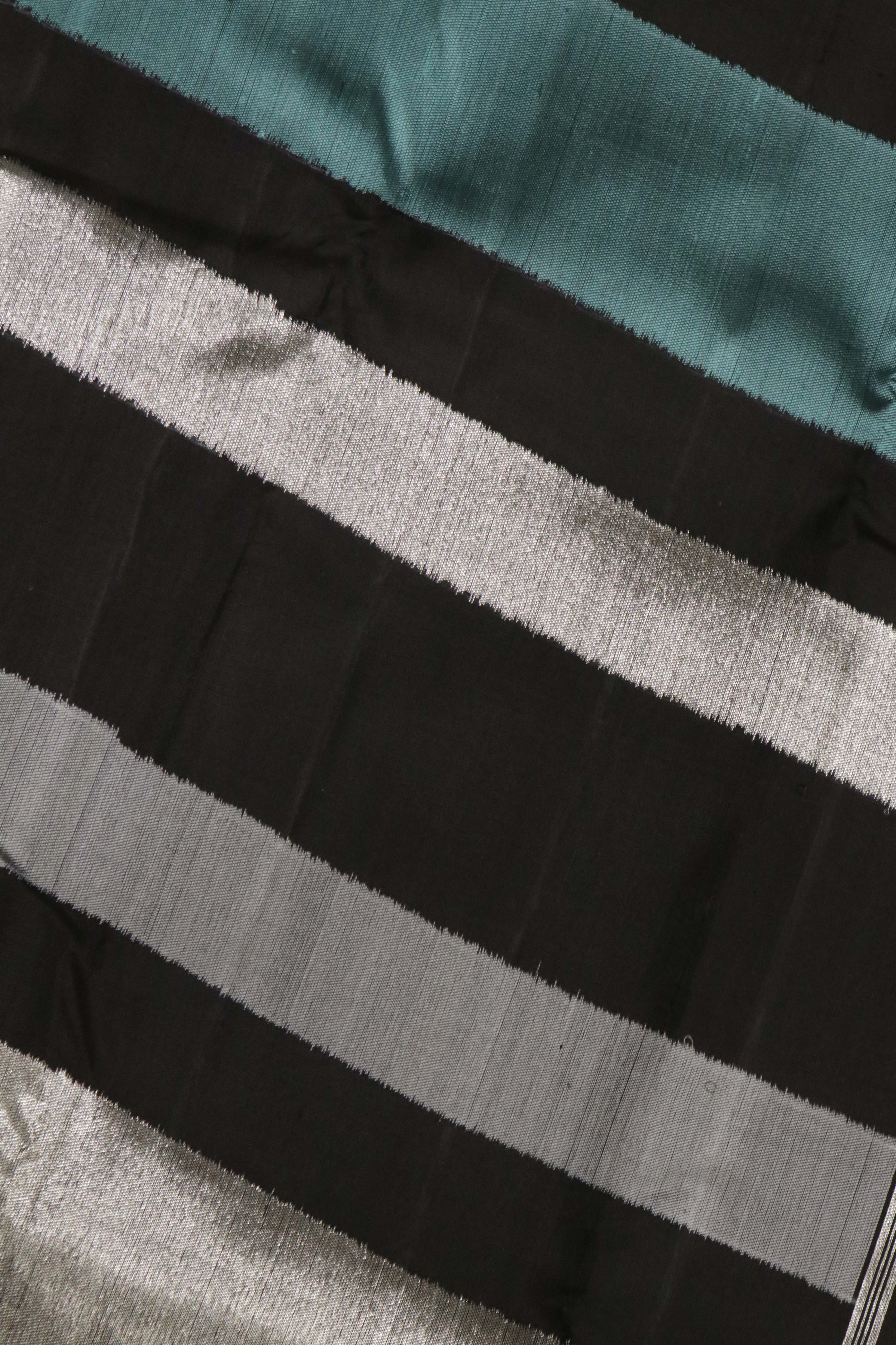 Black Kanchipuram Silk Saree with Silver & Blue Thread Striped Weaving