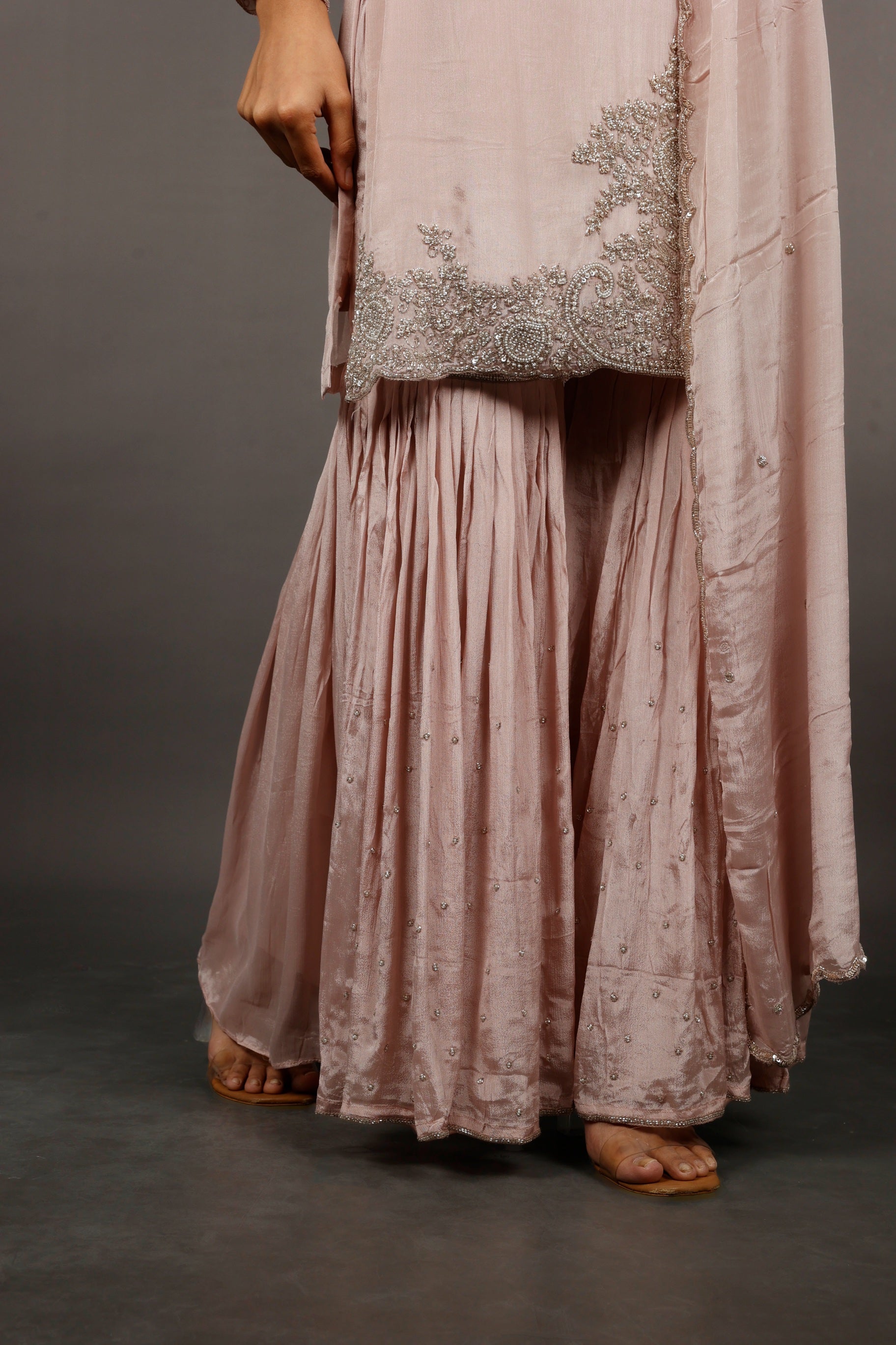 Blush Pink Chinon Silk Sharara Set with Kutdana & Pearl Embroidery