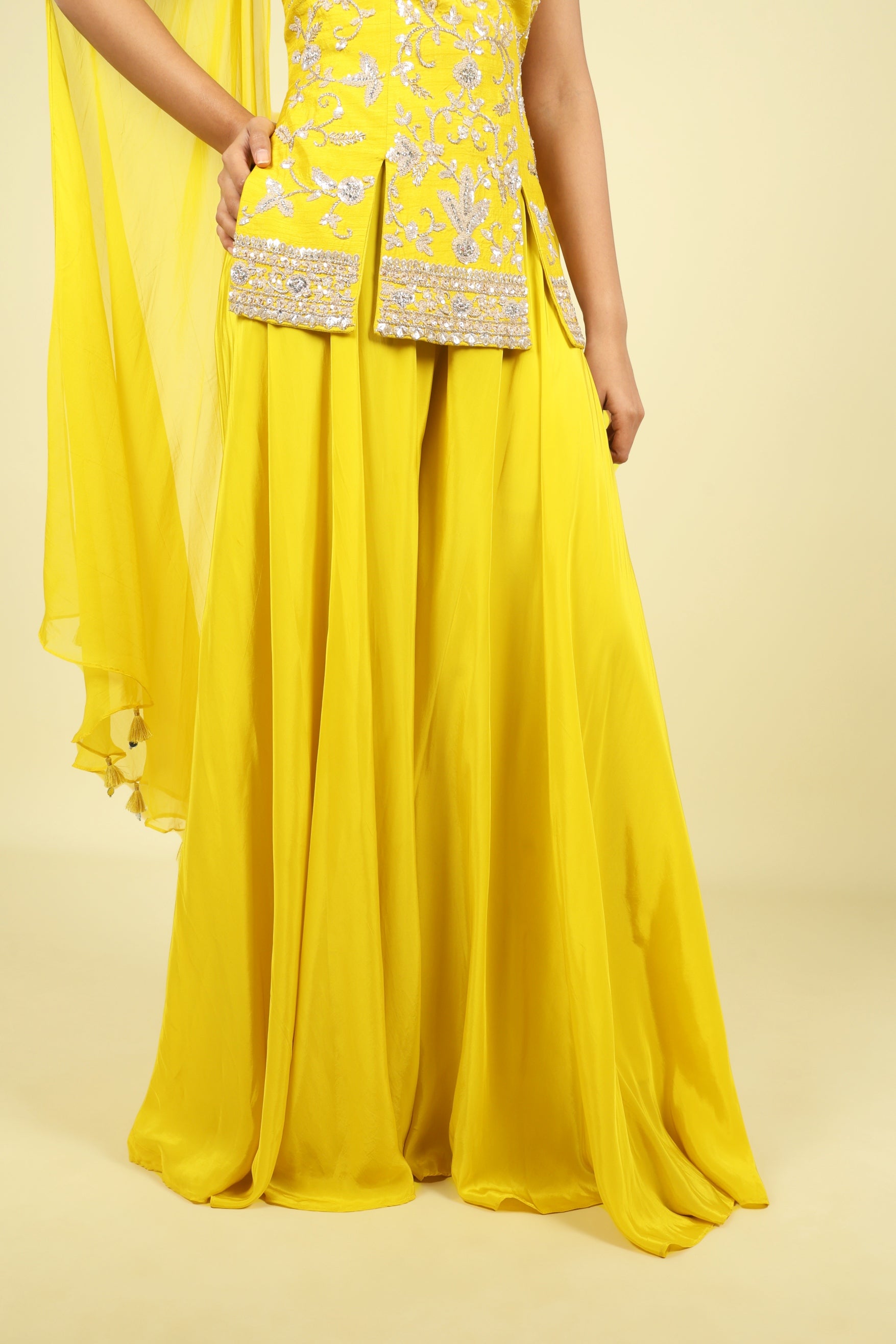 Yellow Silk Embroidered Palazzo Set with Organza Choker Dupatta