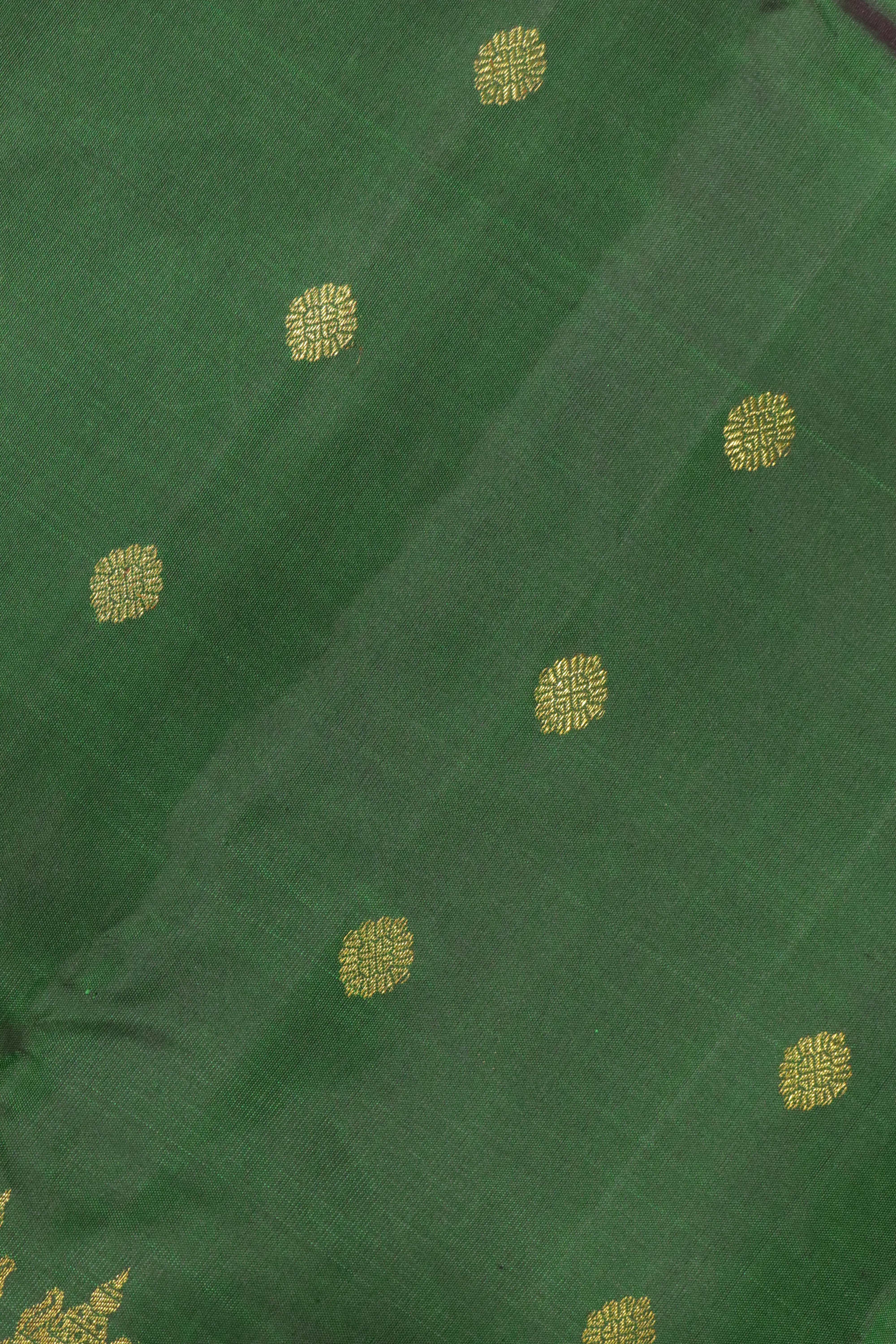 Bottle Green Kanchipuram Silk Saree with Thread Meenakari Motifs and Long Zari Border