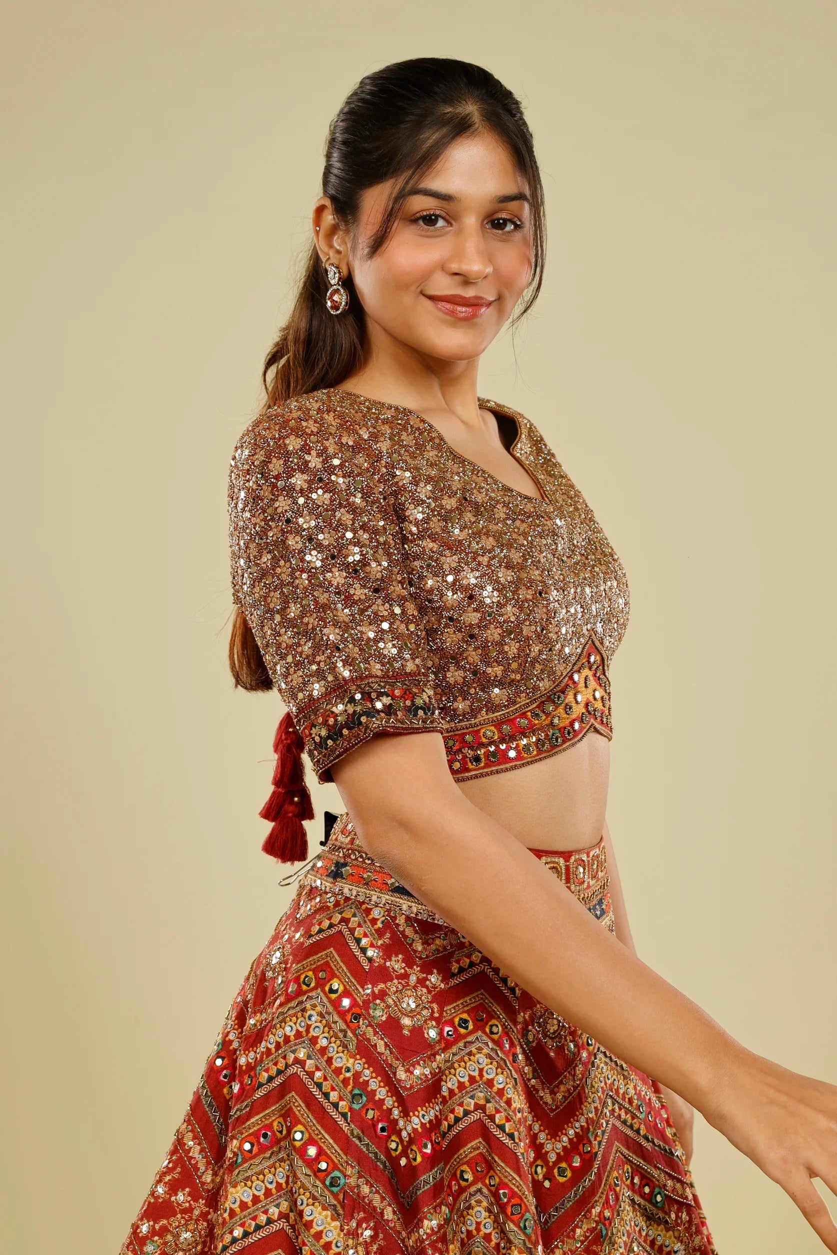 Rust Printed Silk Lehenga Set with Sequin & Kutdana Embroidery | Mokshaa