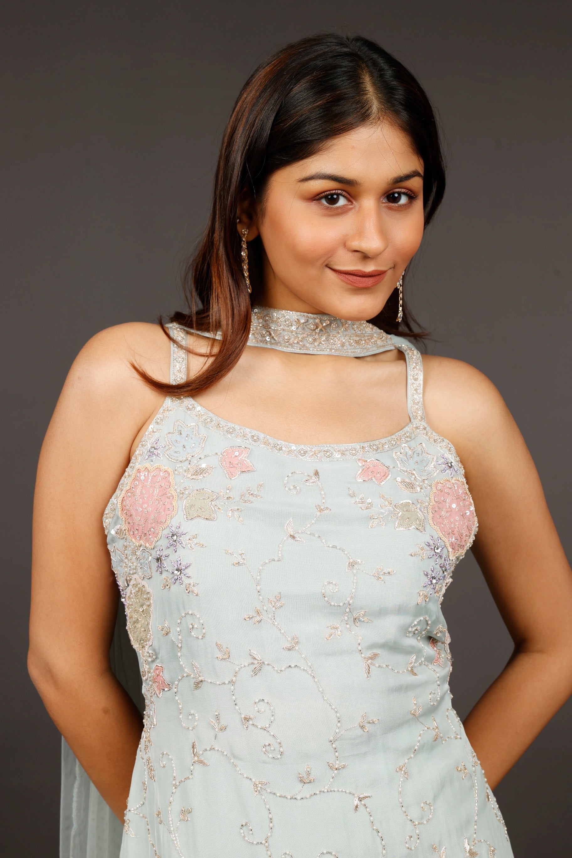 Light Blue Georgette Sharara Set with Shadow, Zari, Pearl, Cutdana & Sequin Embroidery