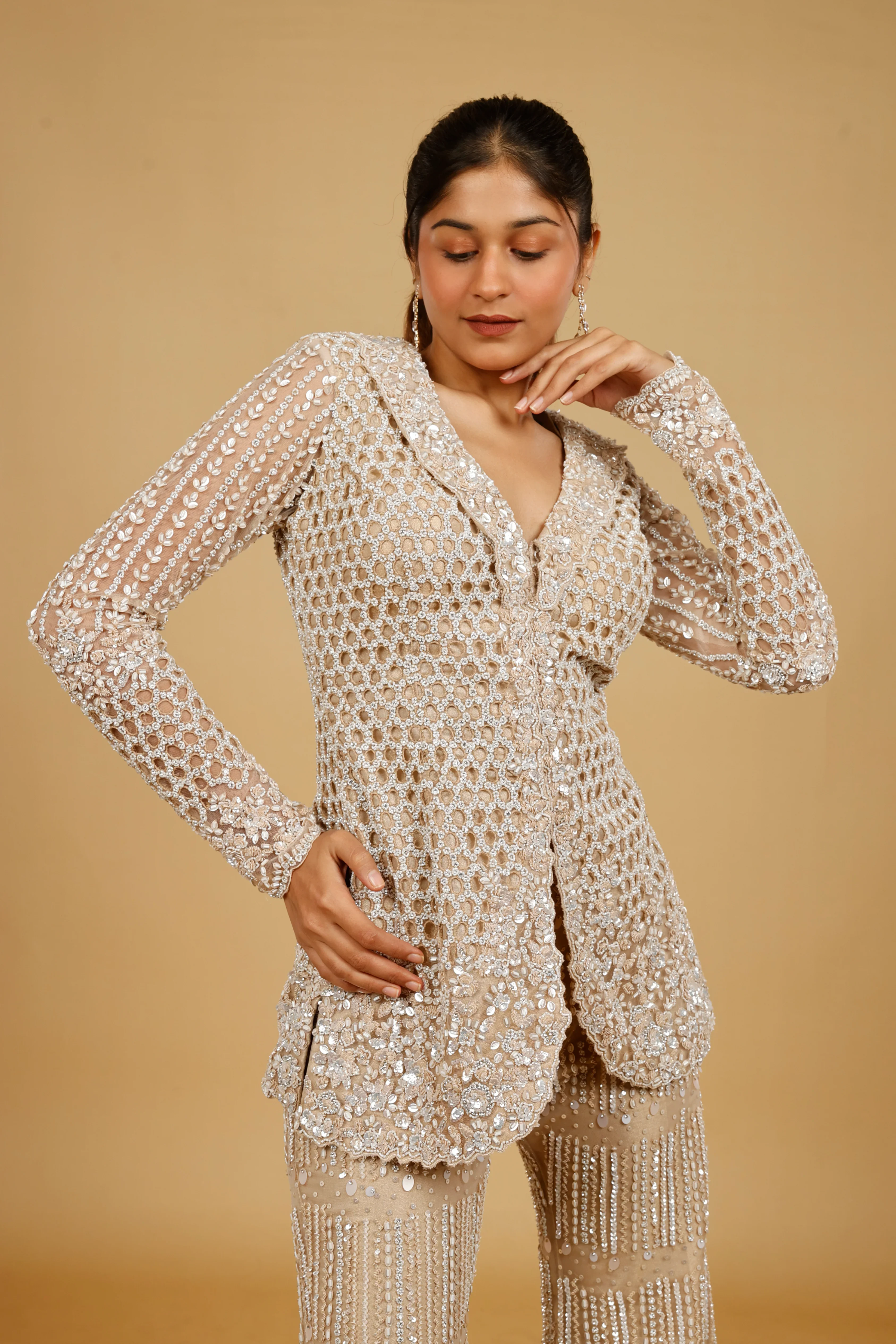 Champagne Net Blazer-Style Embroidered Trouser Set - Mokshaa