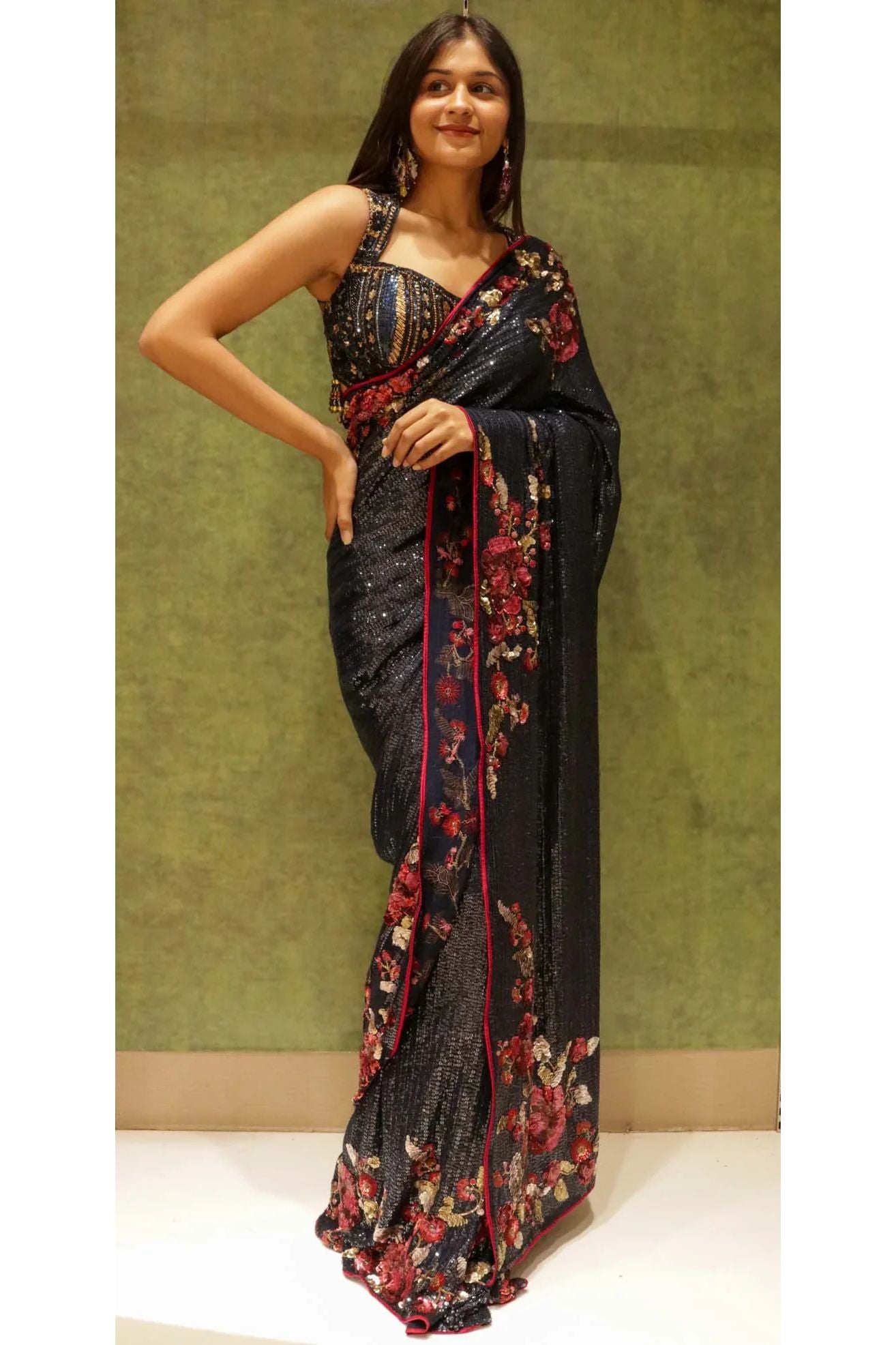 Navy Blue Georgette Saree with All-Over Sequins & Multicolour Sequin Border - Mokshaa