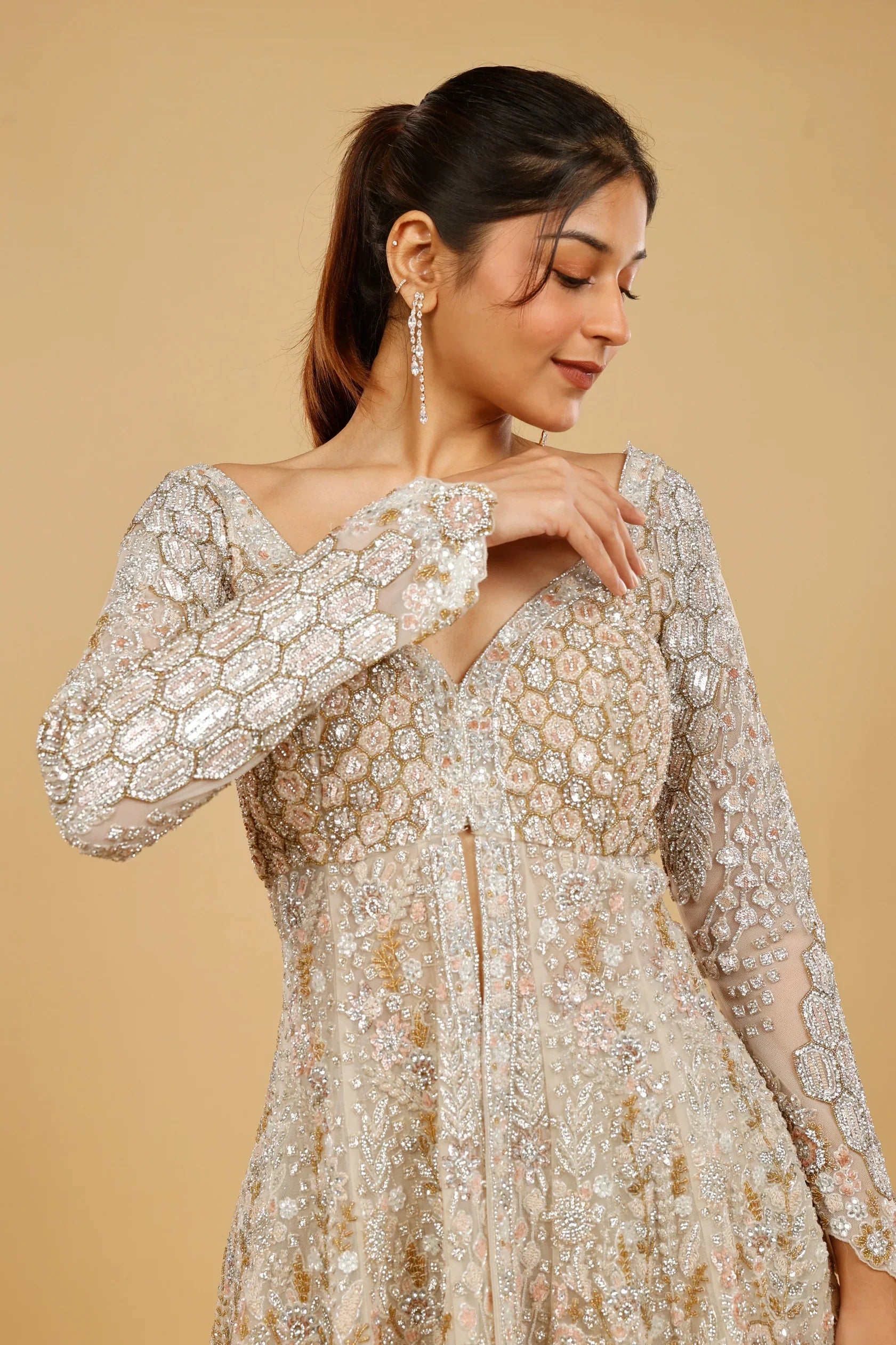 Ivory Net Sharara Set with Stone, Kundan & Sequin Embroidery