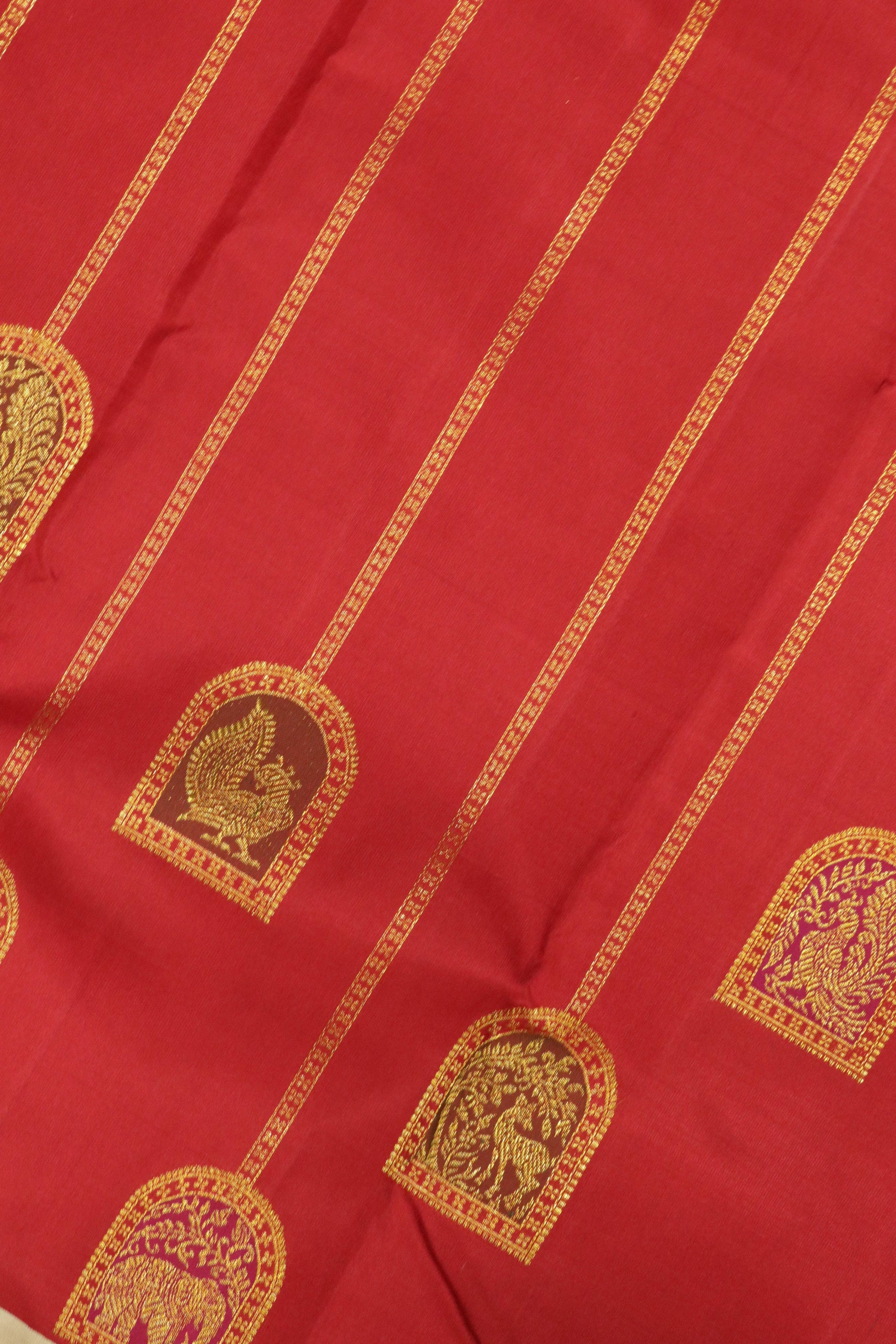 Maroon Kanchipuram Silk Saree with Zari Stripes, Motifs & Contrast Zari Border - Mokshaa