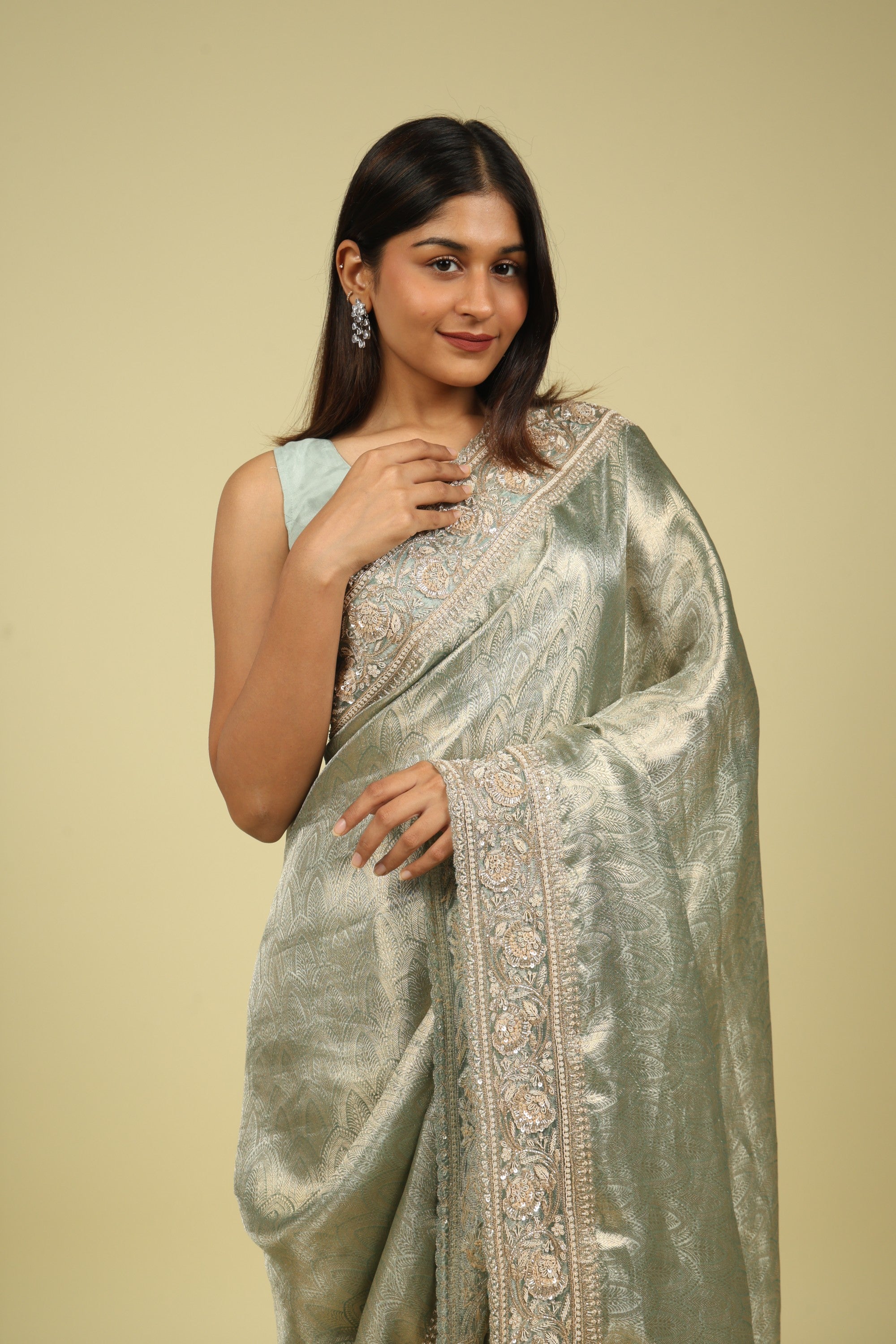 Sea Blue Banaras Tissue Saree with Pearl, Bead & Sequin Embroidered Border