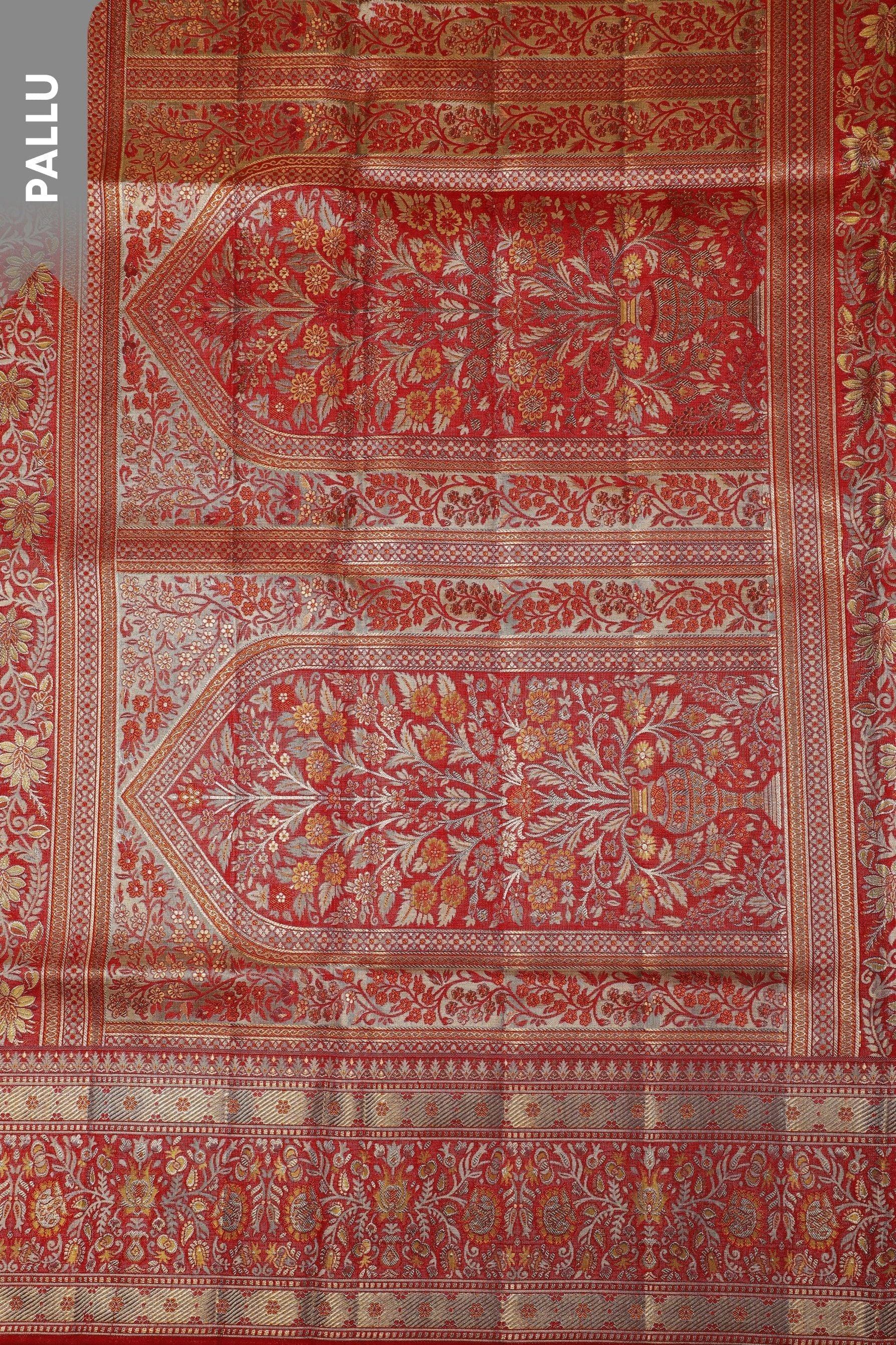 Mustard Orange Tissue Silk Saree with Meenakari Jaal and Red Brocade Border  Mokshaa