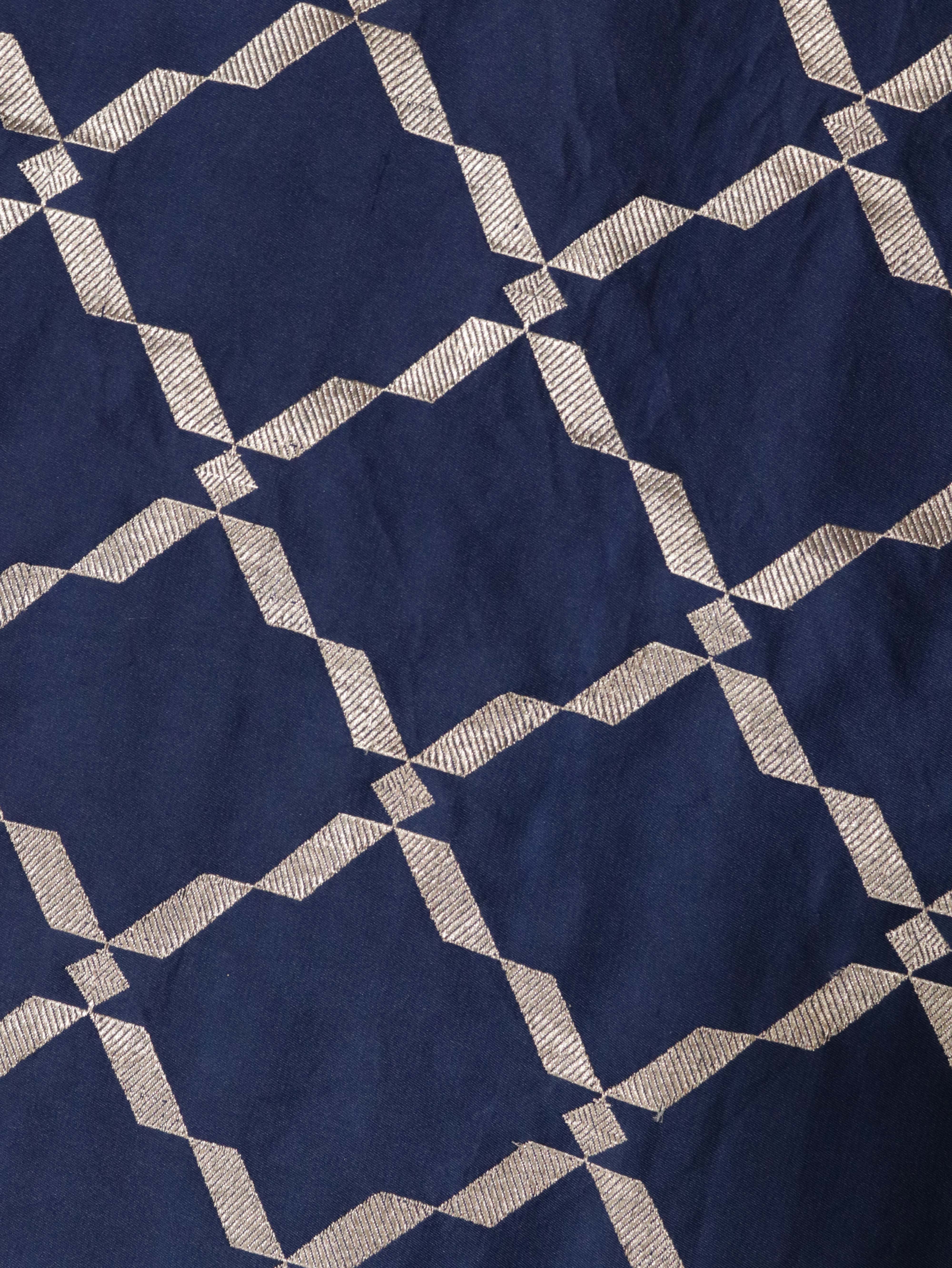 Indigo Blue Banarasi Mushroom Silk Saree with Silver Zari Geometric Jaal & Zari Border