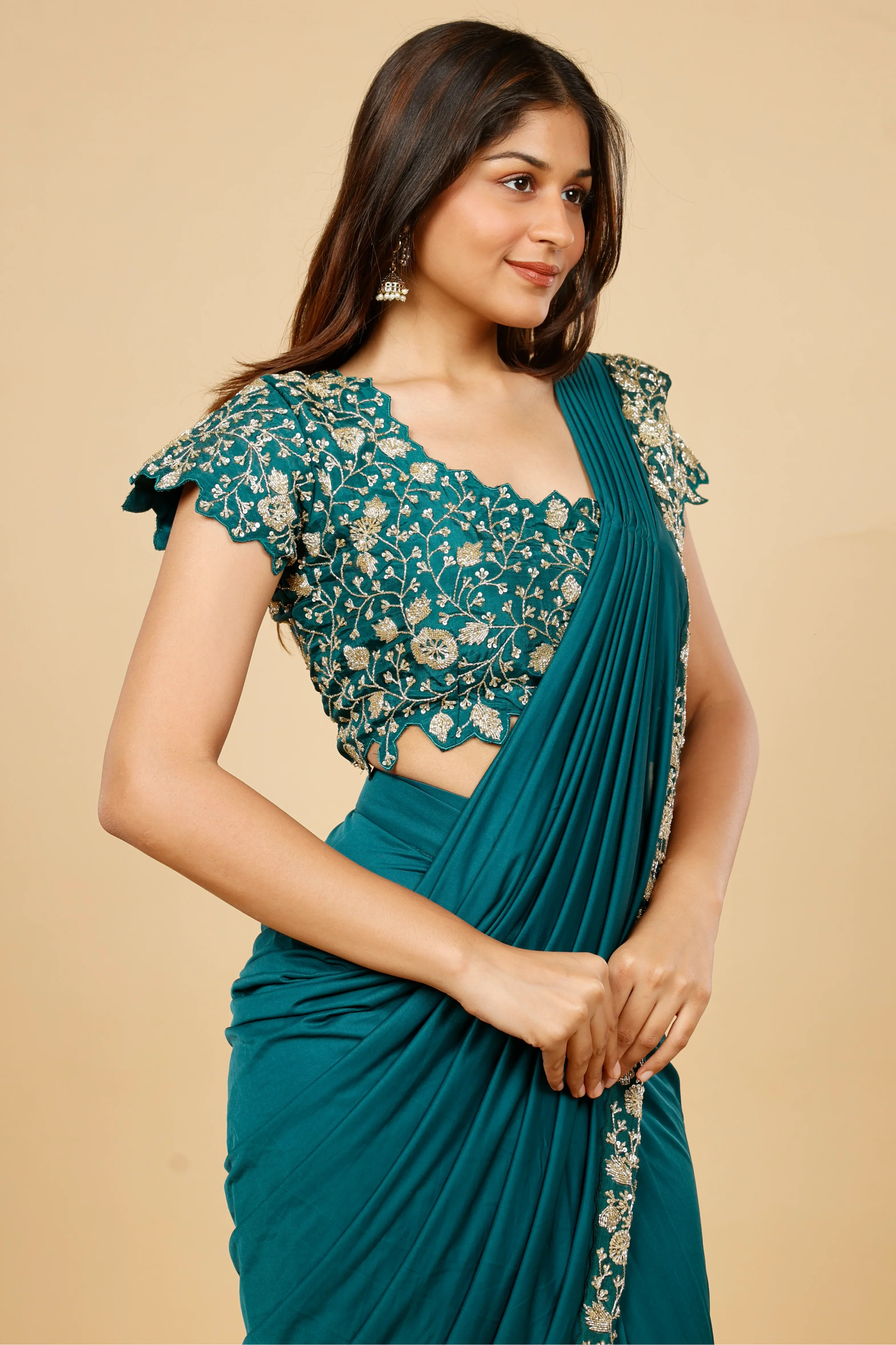 Emerald Green Lycra Silk Drape Saree with Kutdana Embroidery - Mokshaa