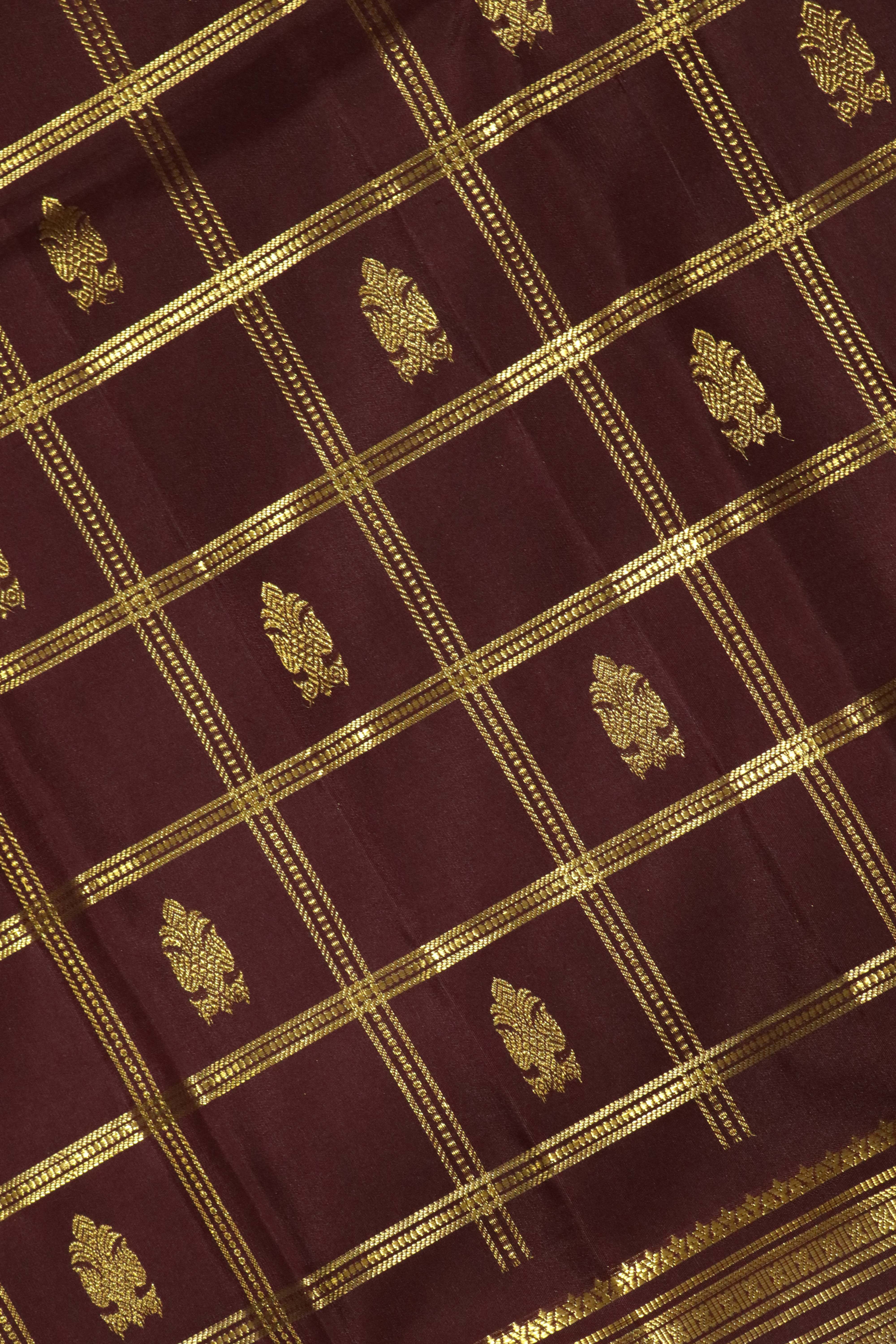Chocolate Brown Kanchipuram Silk Saree with Zari Checks, Motifs & Long Zari Border