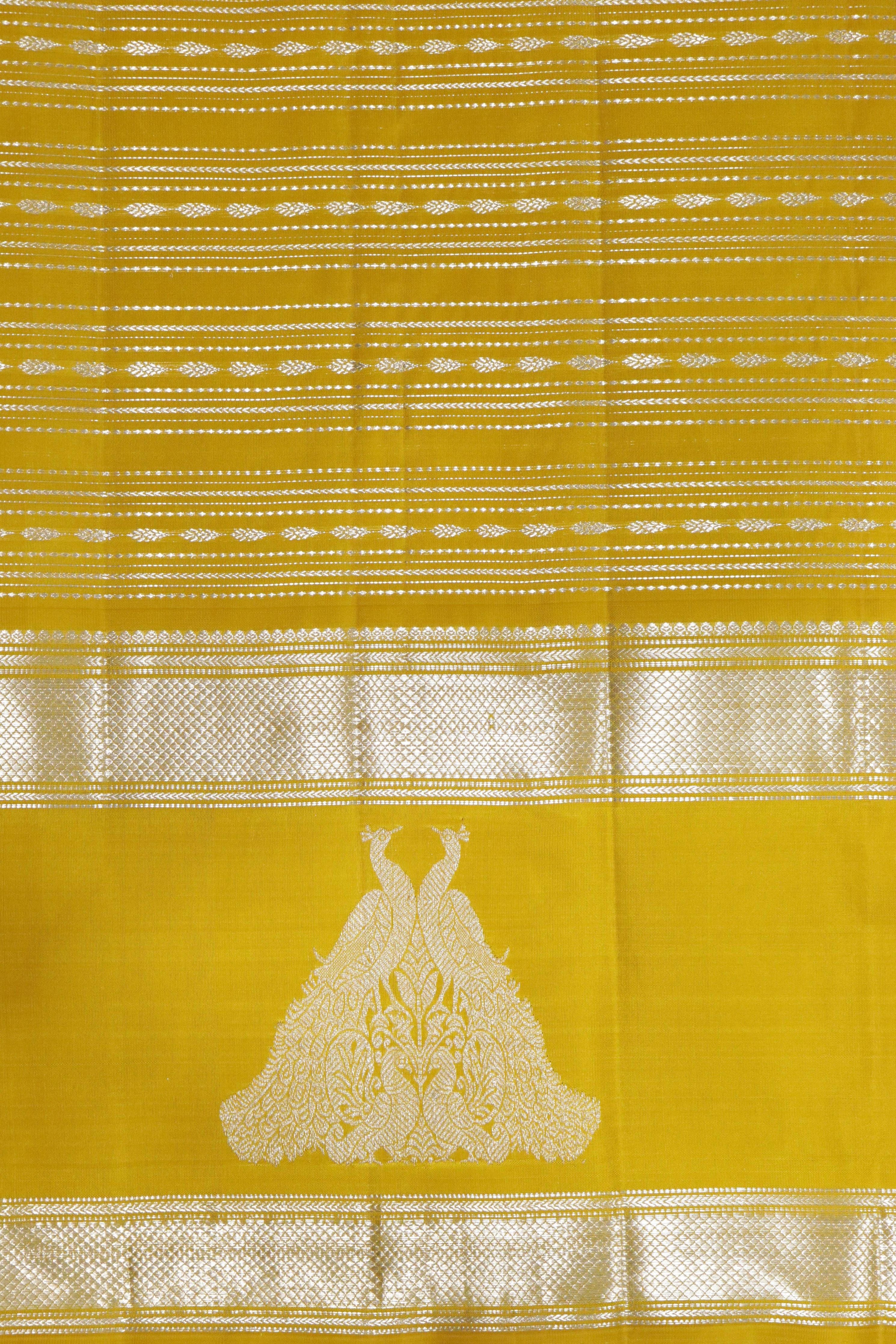 Yellow Kanchipuram Silk Saree with Silver Zari Horizontal Weaving Lines and Fancy Border - Mokshaa