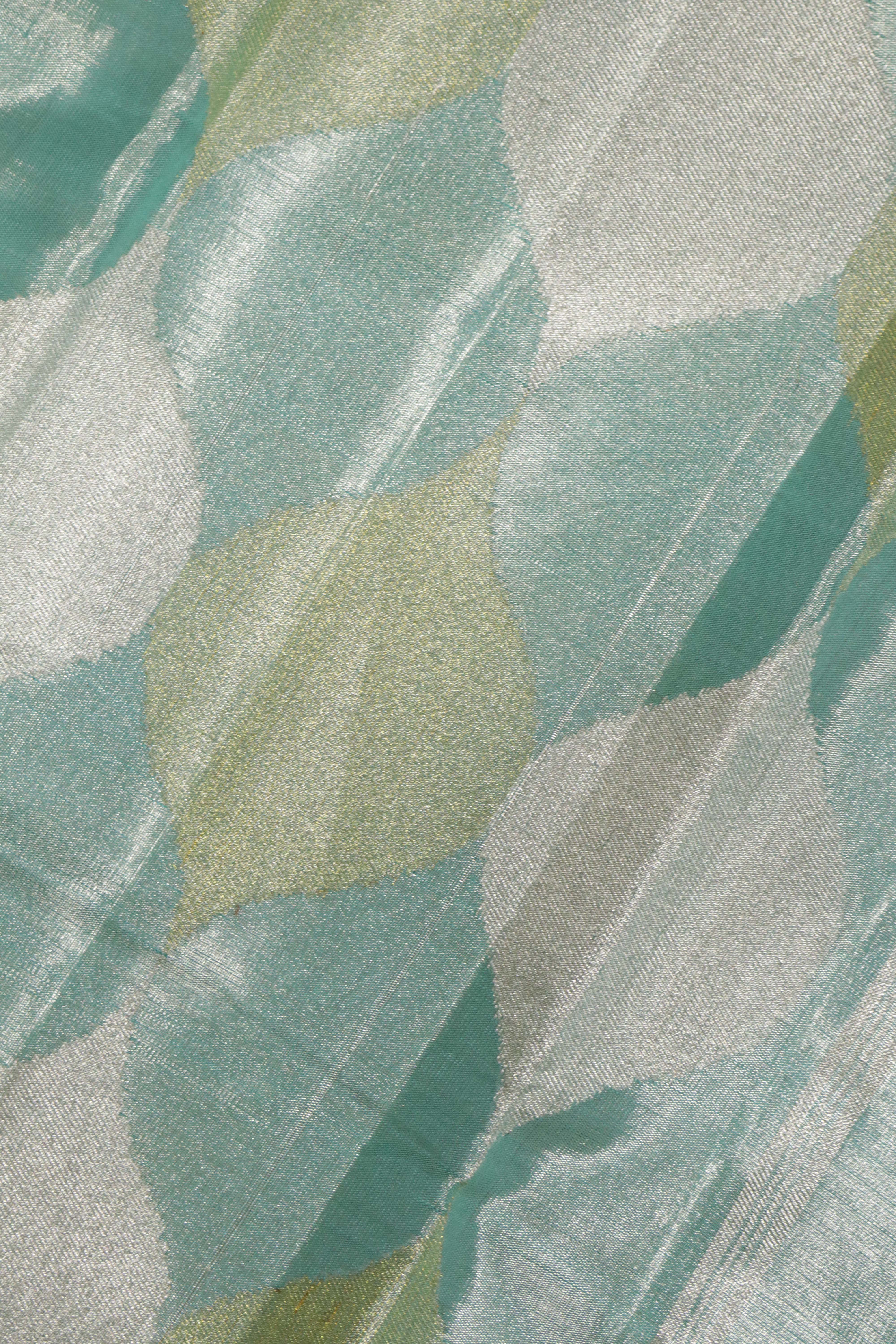 Ice Blue Kanchipuram Tissue Saree with Silver & Gold Jaal Motifs and Self Zari Border