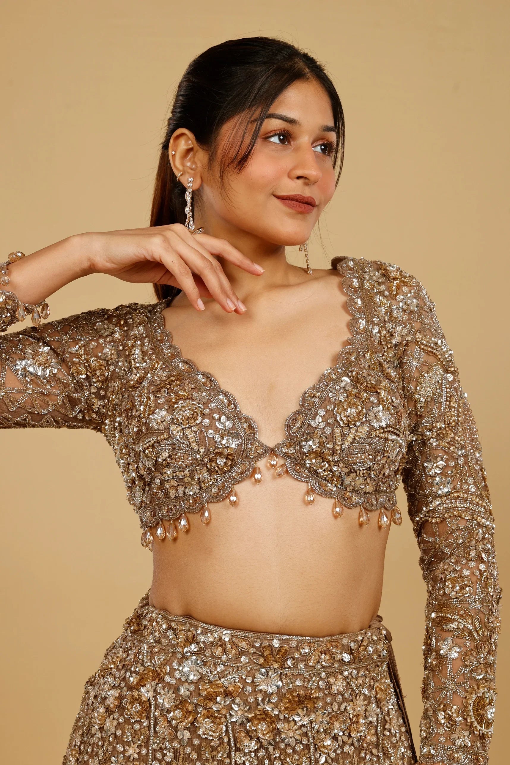 Dark Gold Net Mermaid Lehenga Set with Sequin, Stone & Kutdana Embroidery