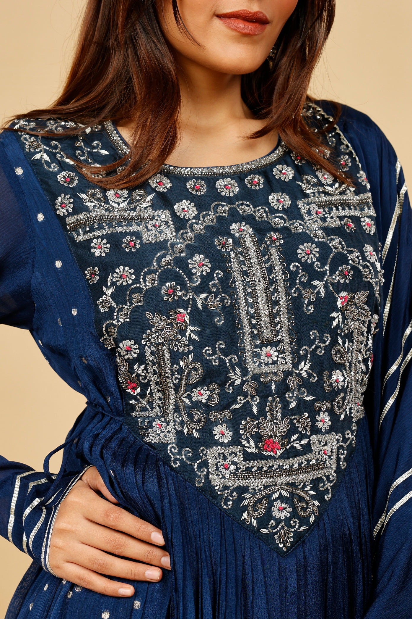 Midnight Blue Silk Anarkali Set with Gota & Kutdana Embroidery