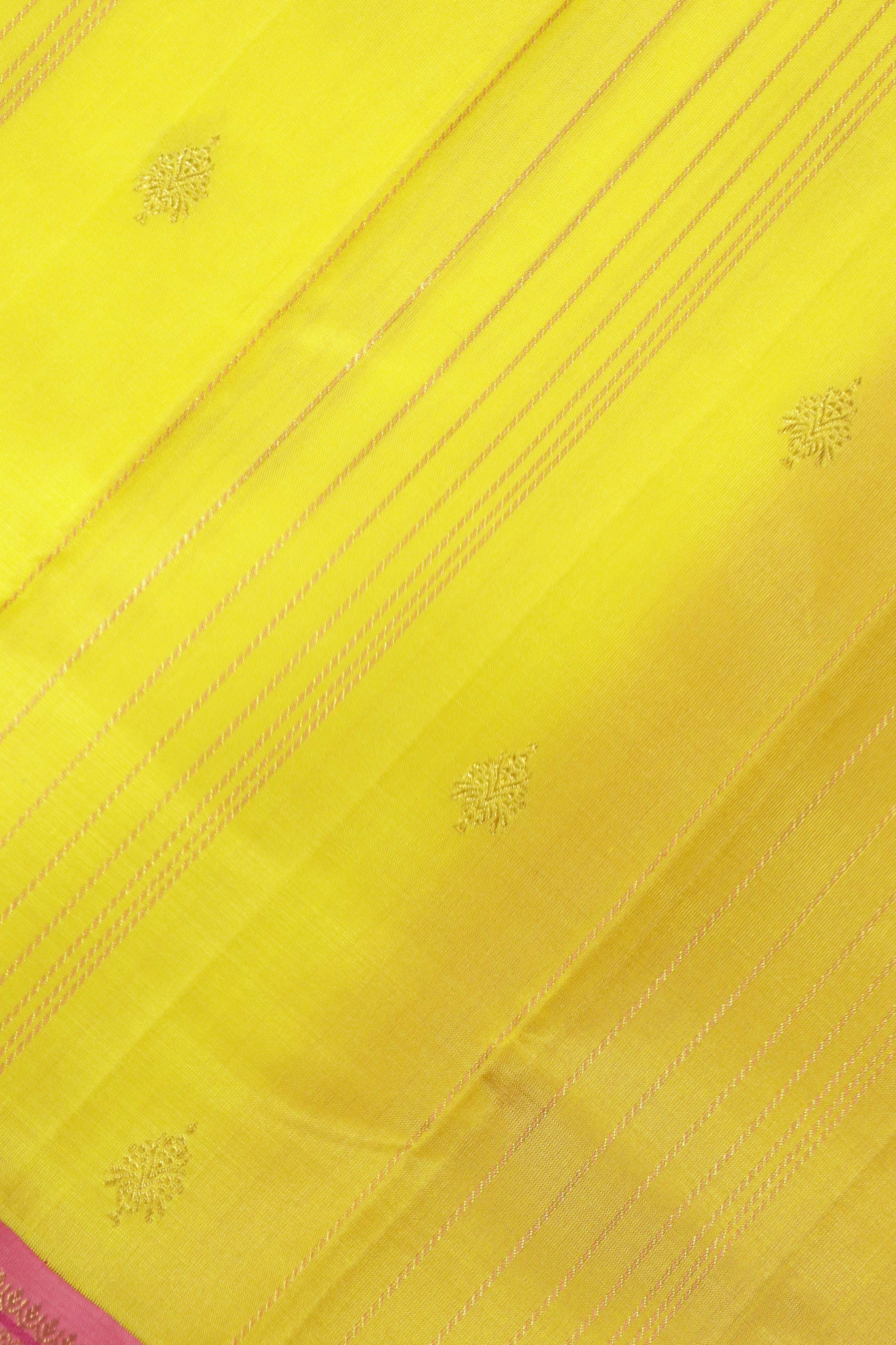 Yellow Kanchipuram Silk Saree with Zari Stripes, Motifs & Contrast Zari Border - Mokshaa