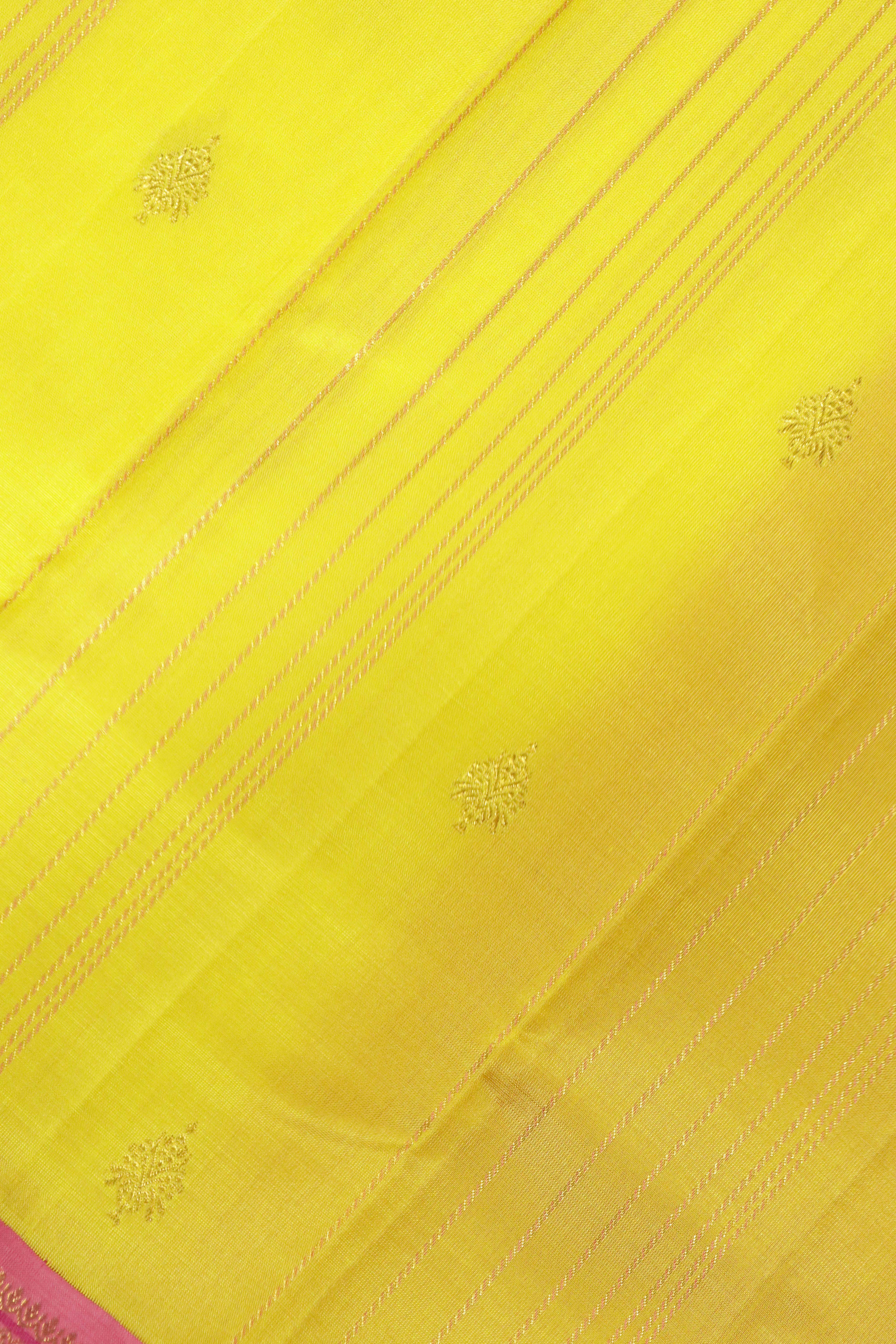 Yellow Kanchipuram Silk Saree with Zari Stripes, Motifs & Contrast Zari Border