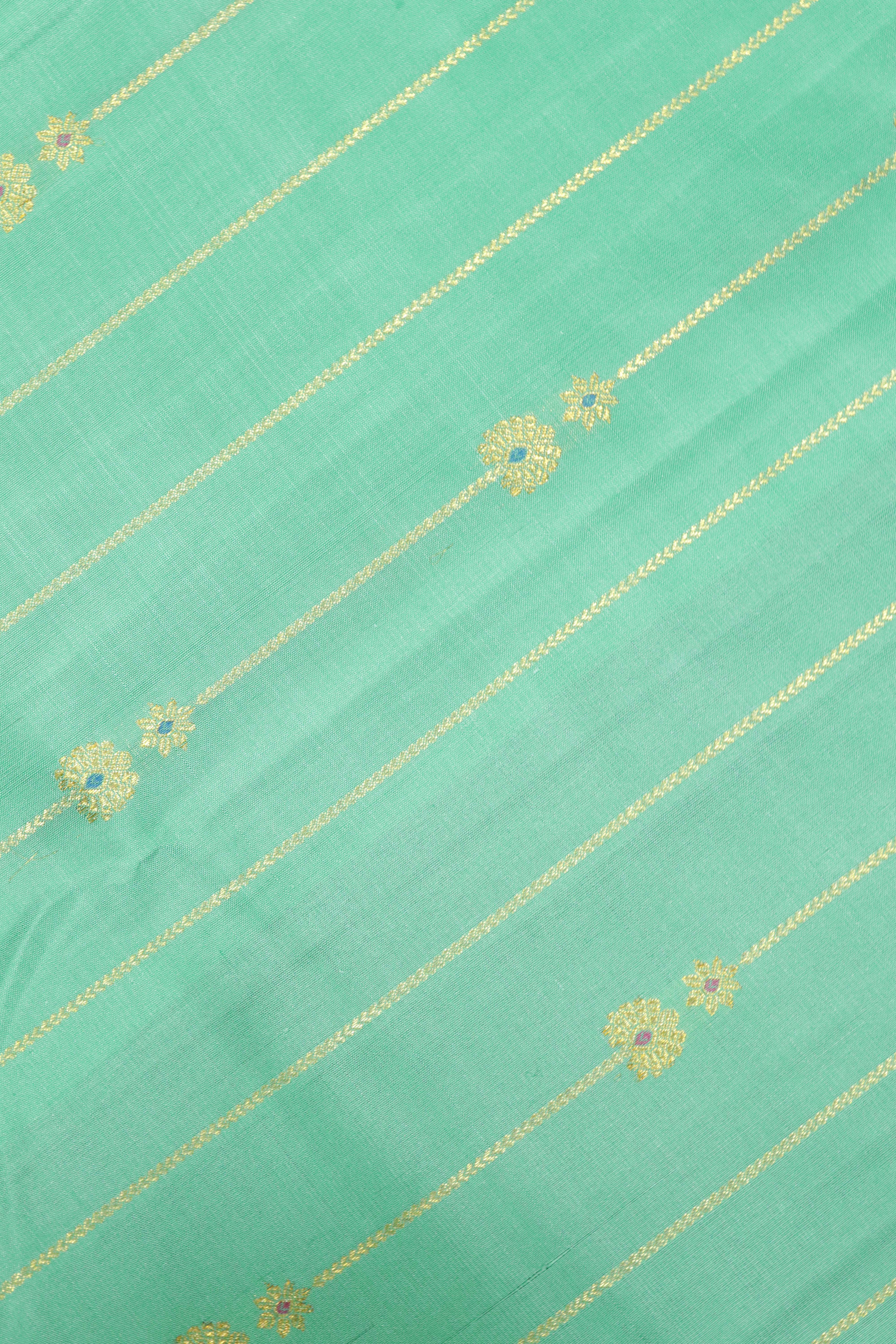 Turquoise Blue Kanchipuram Silk Saree with Zari Stripes, Buttas & Contrast Border