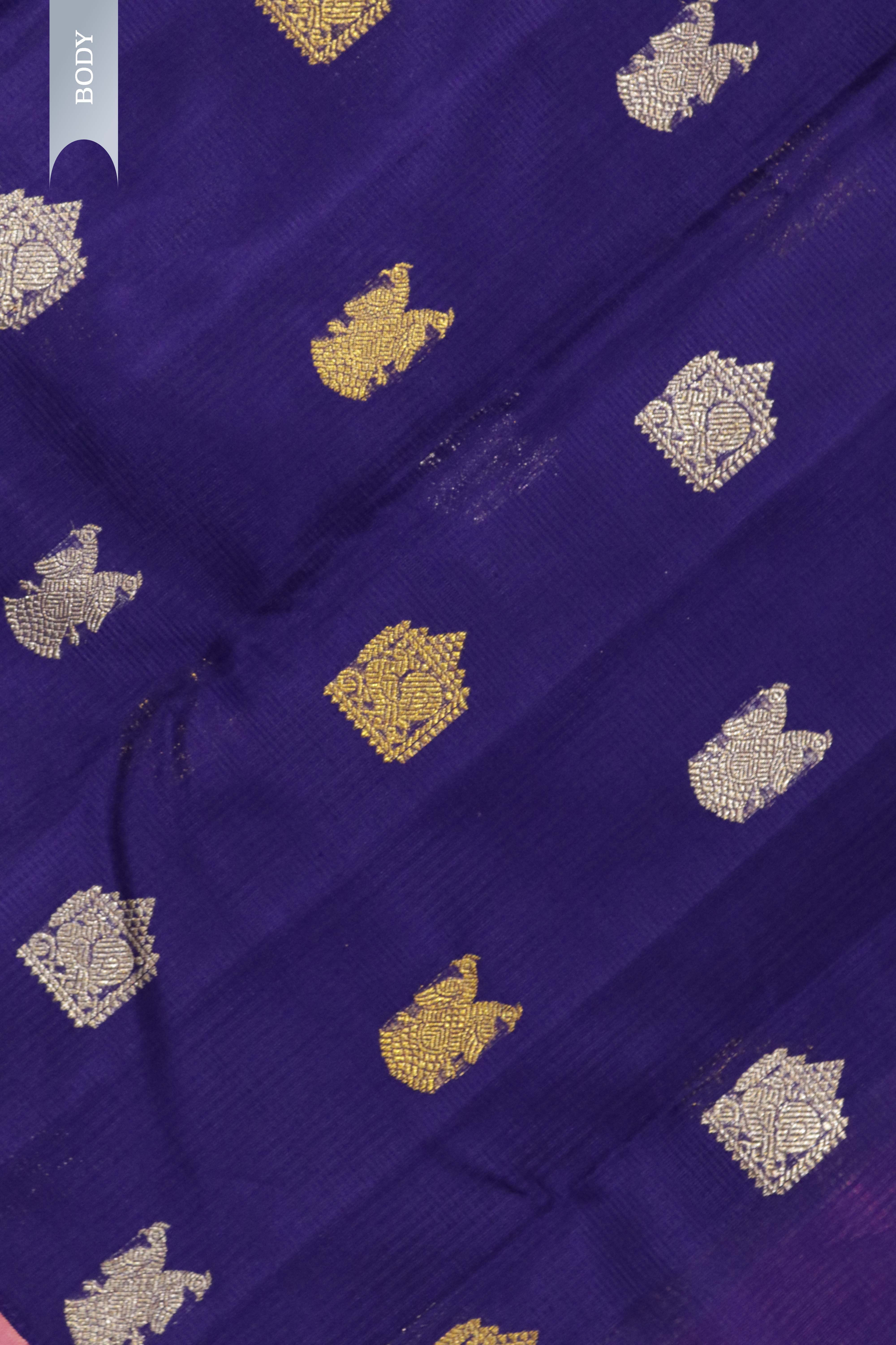 Royal Blue Kanchipuram Silk Saree with Silver & Gold Zari Motifs and Contrast Border