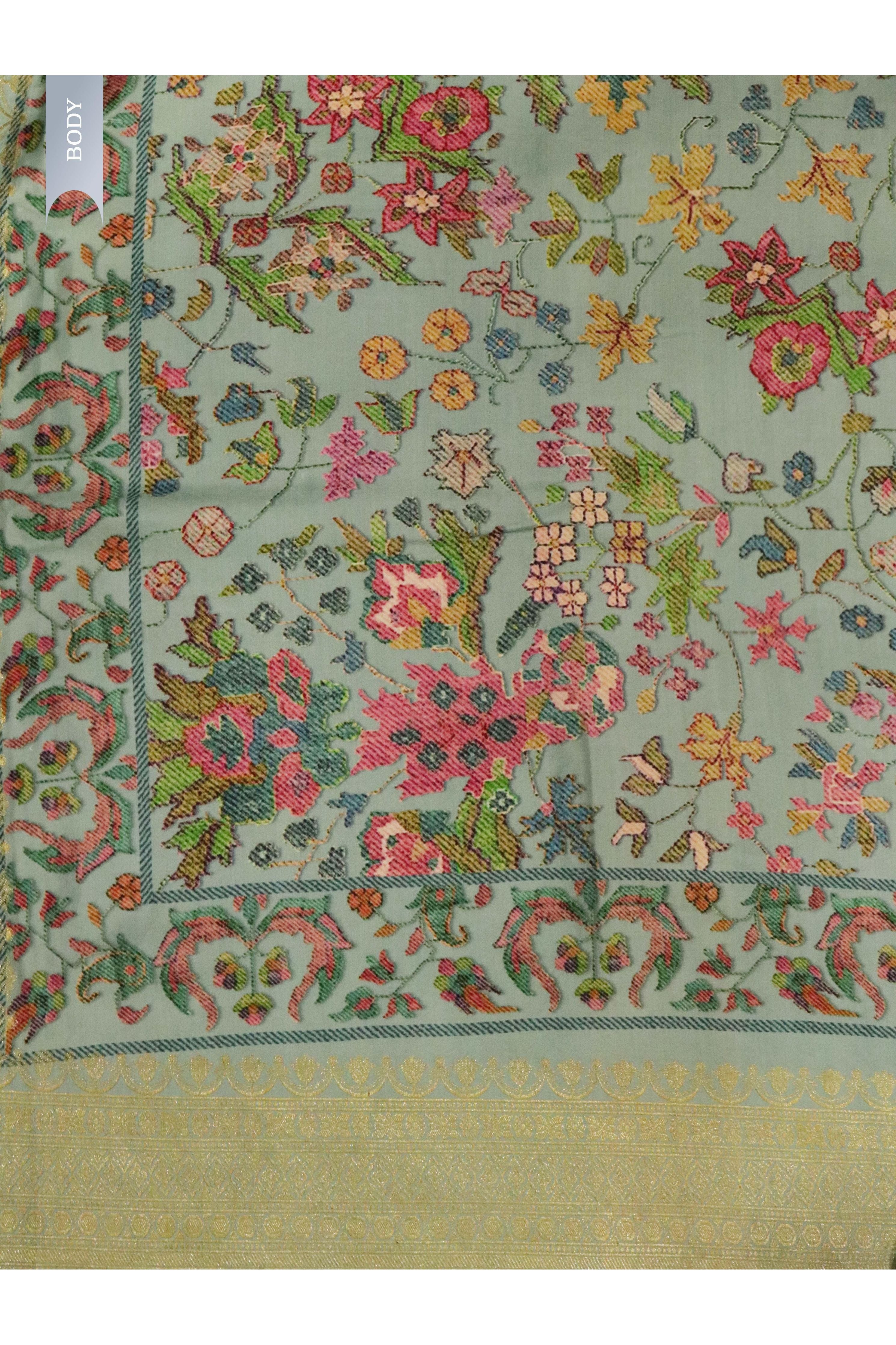 Turquoise Blue Banarasi Satin Silk Saree with All-Over Digital Print & Zari Border - Mokshaa