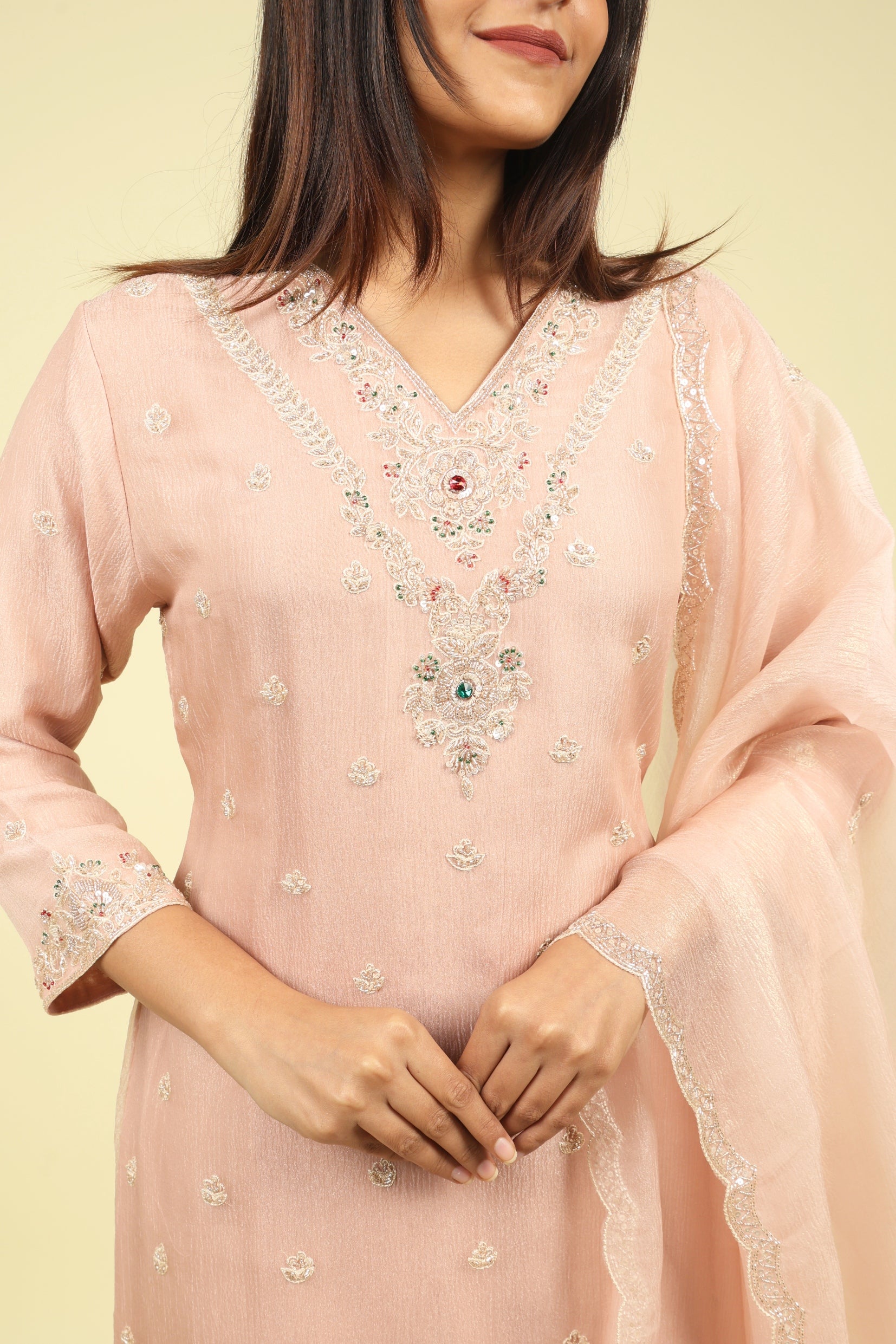 Blush Pink Crush Tissue Sharara Set with Pearl & Kutdana Embroidery