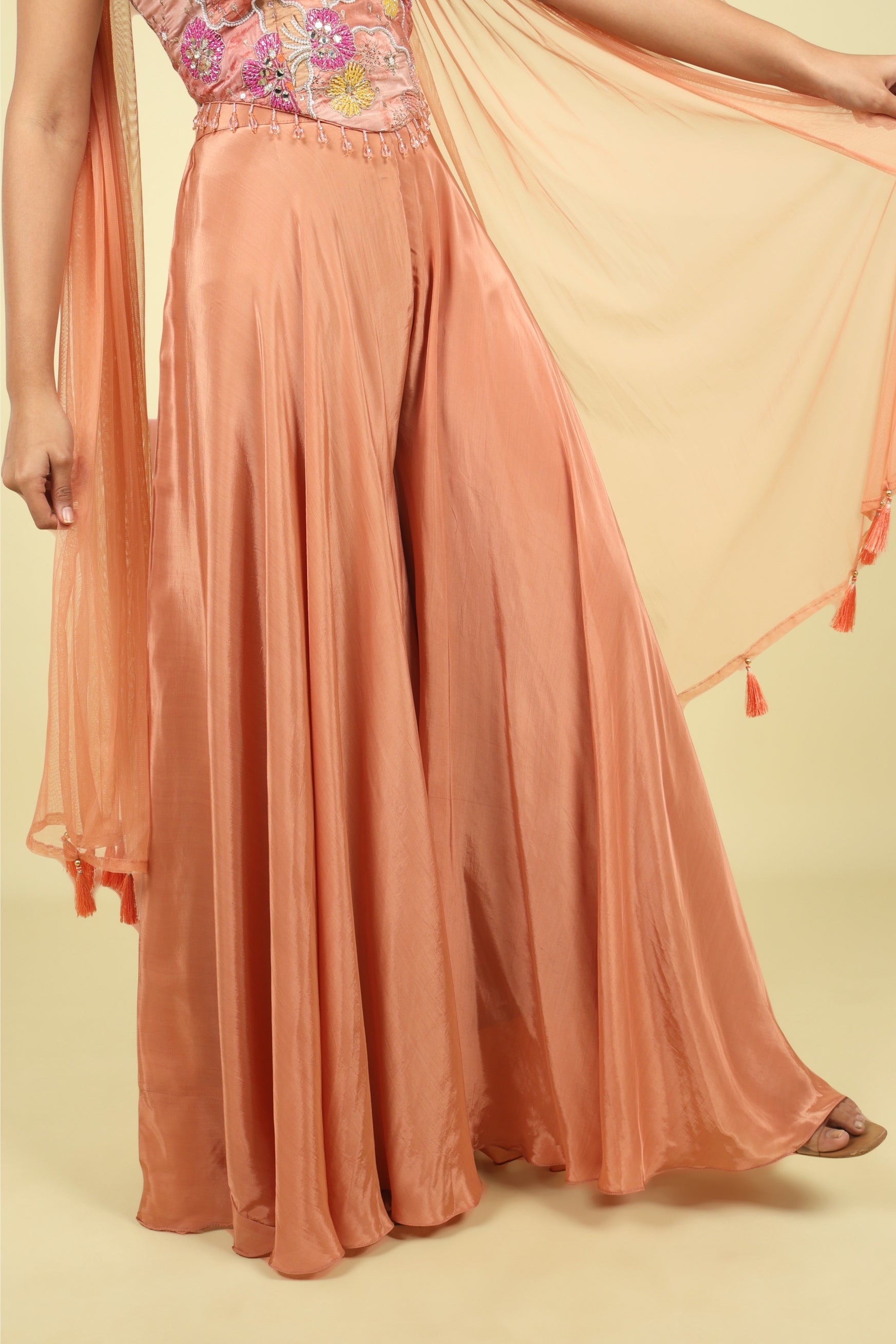 Peach Embroidered Satin Silk Corset Palazzo Set