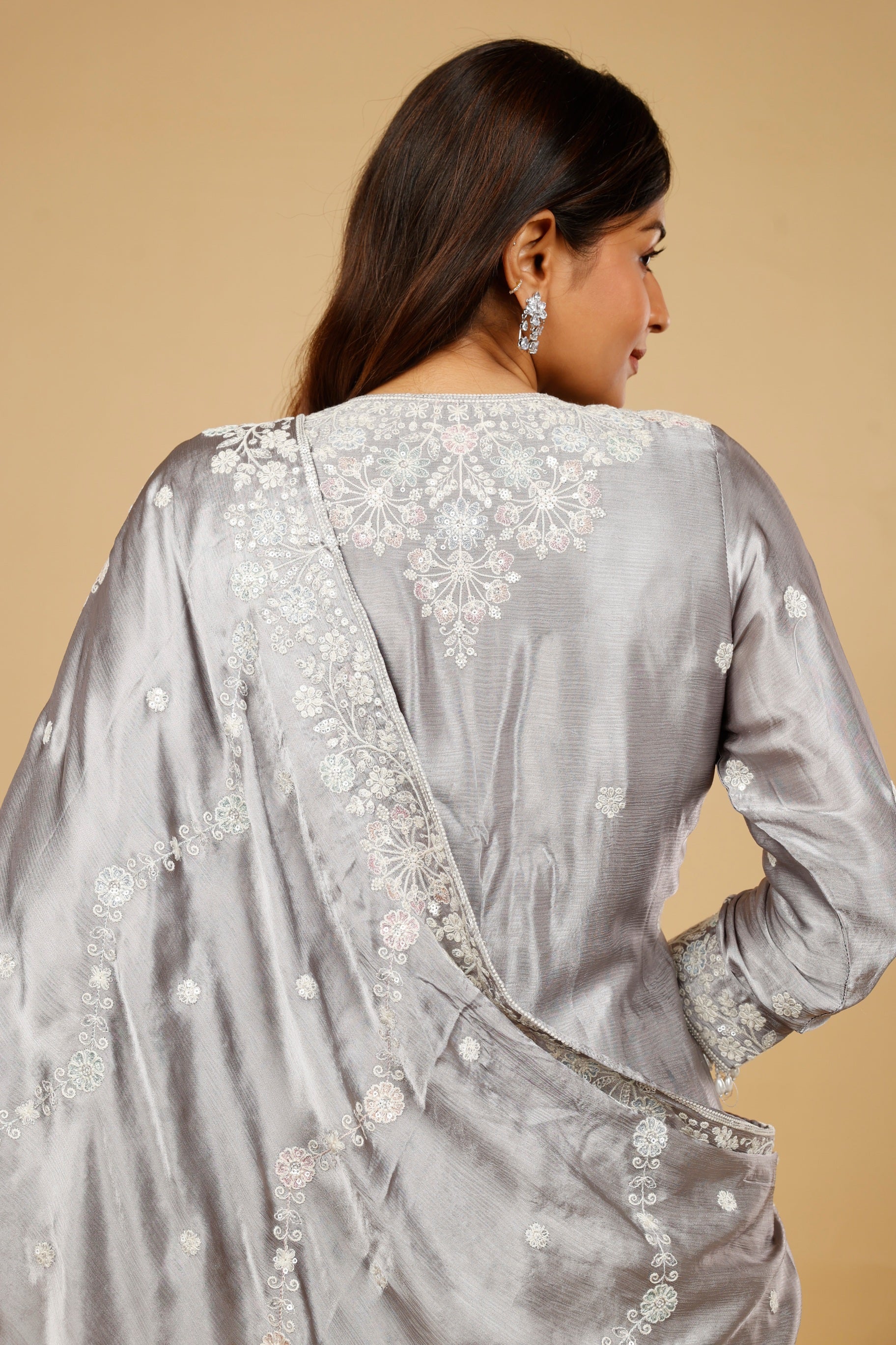 Silver Grey Chinon Silk Sharara Set with Thread, Pearl & Sequin Embroidery