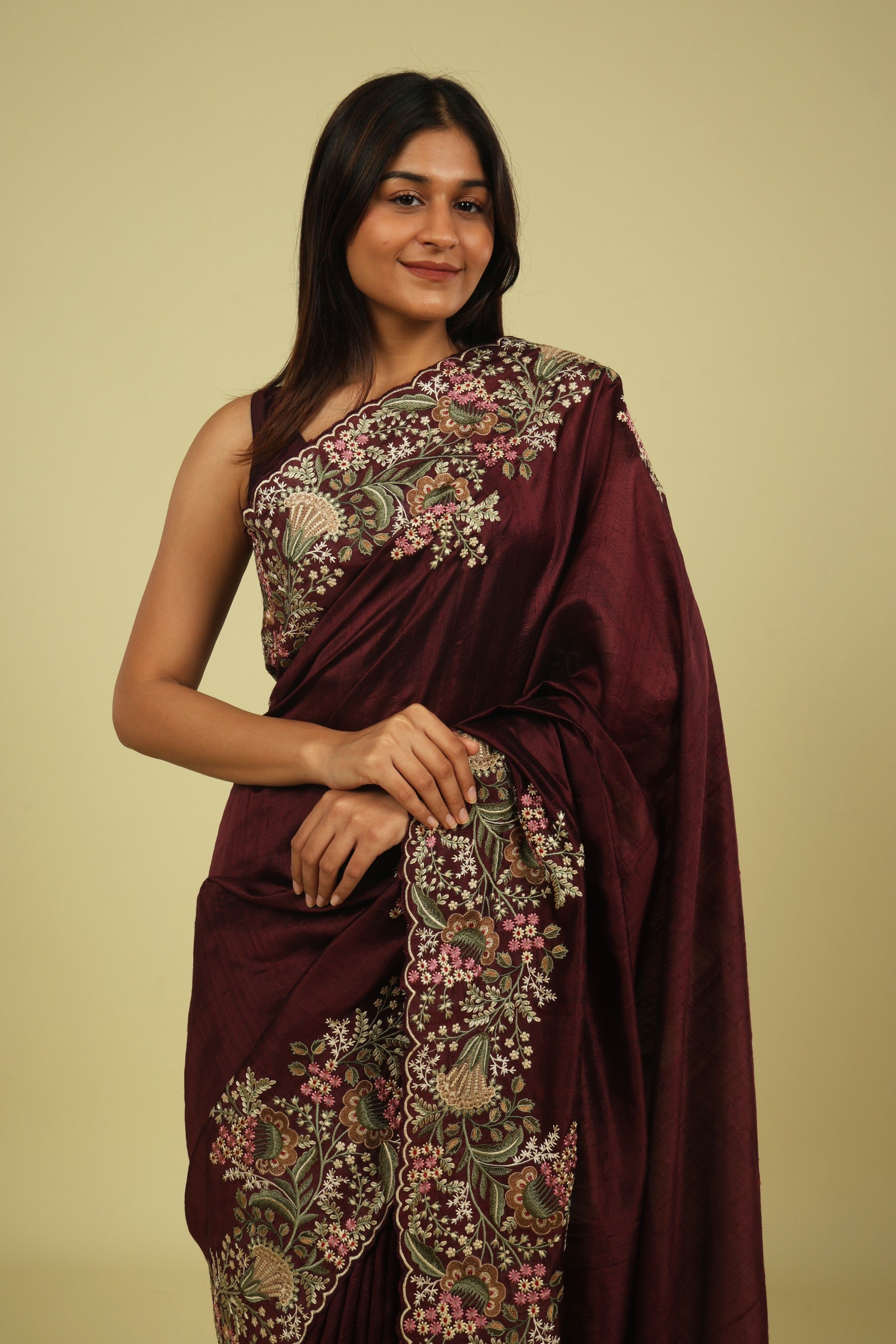 Dark Wine Handloom Tussar Saree with Multi-Thread Embroidered Border