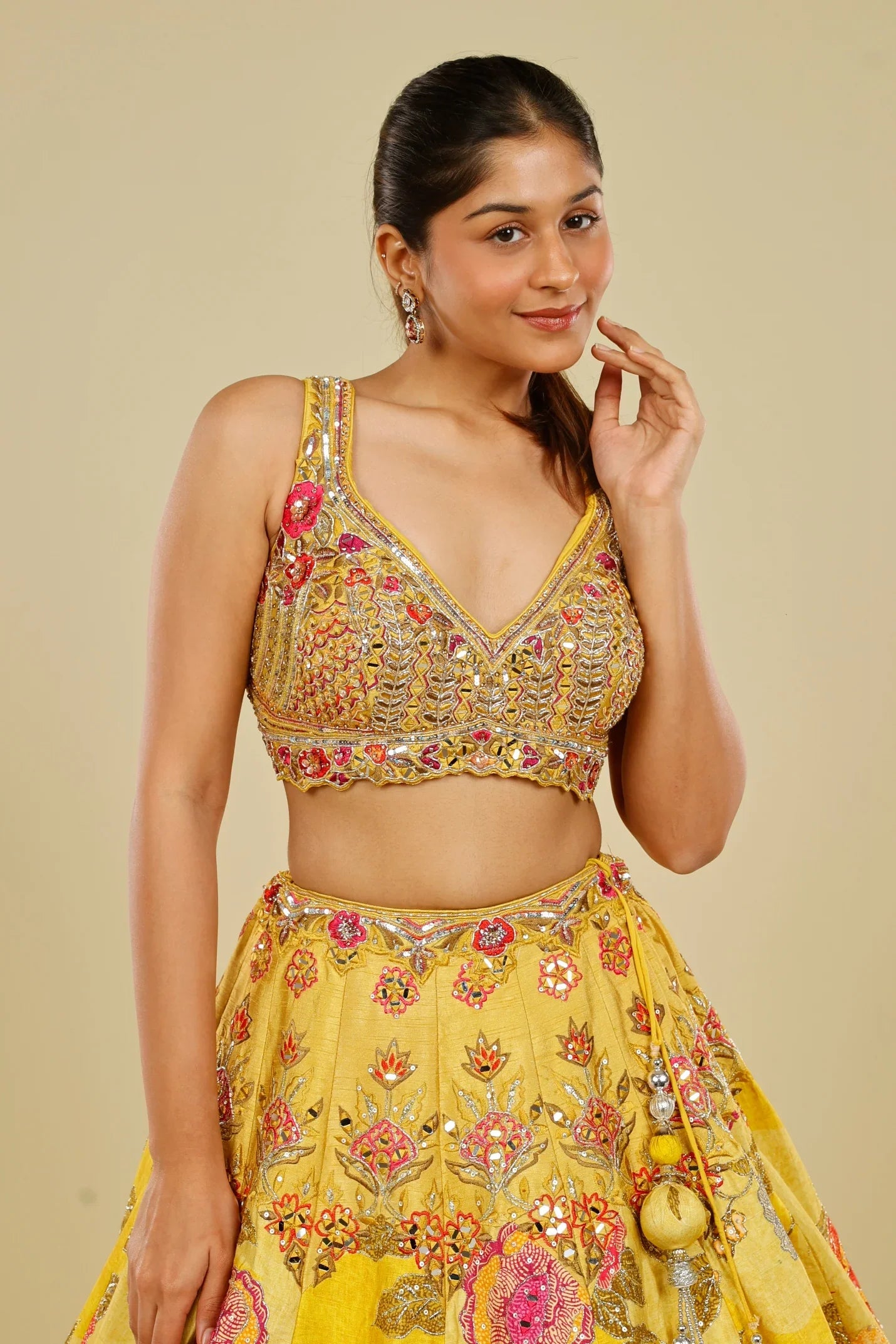 Yellow Silk Printed Lehenga Set with Thread, Mirror & Zari Embroidery | Mokshaa
