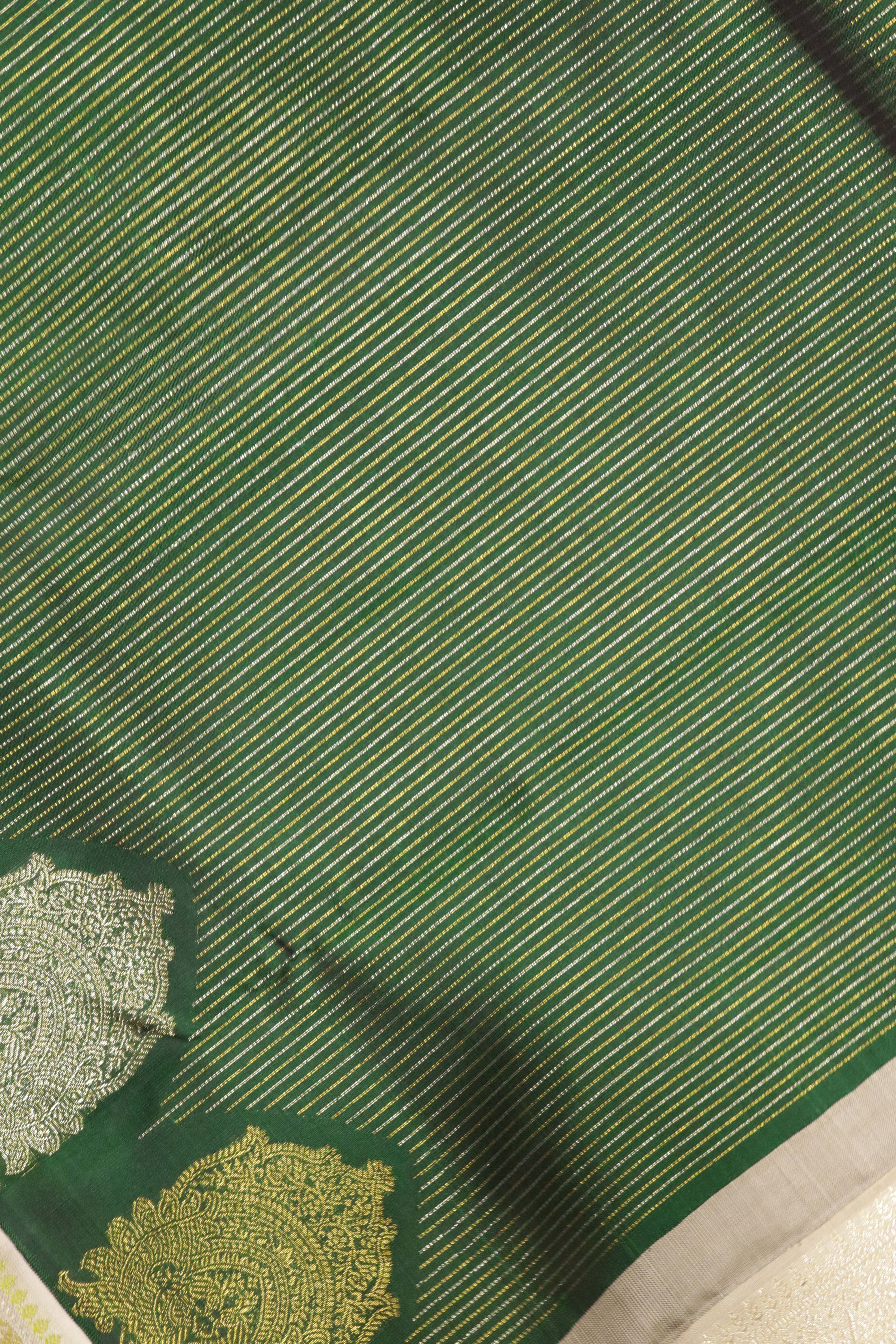 Bottle Green Kanchipuram Silk Saree with Self Stripes, Zari Weaving & Contrast Thread Border