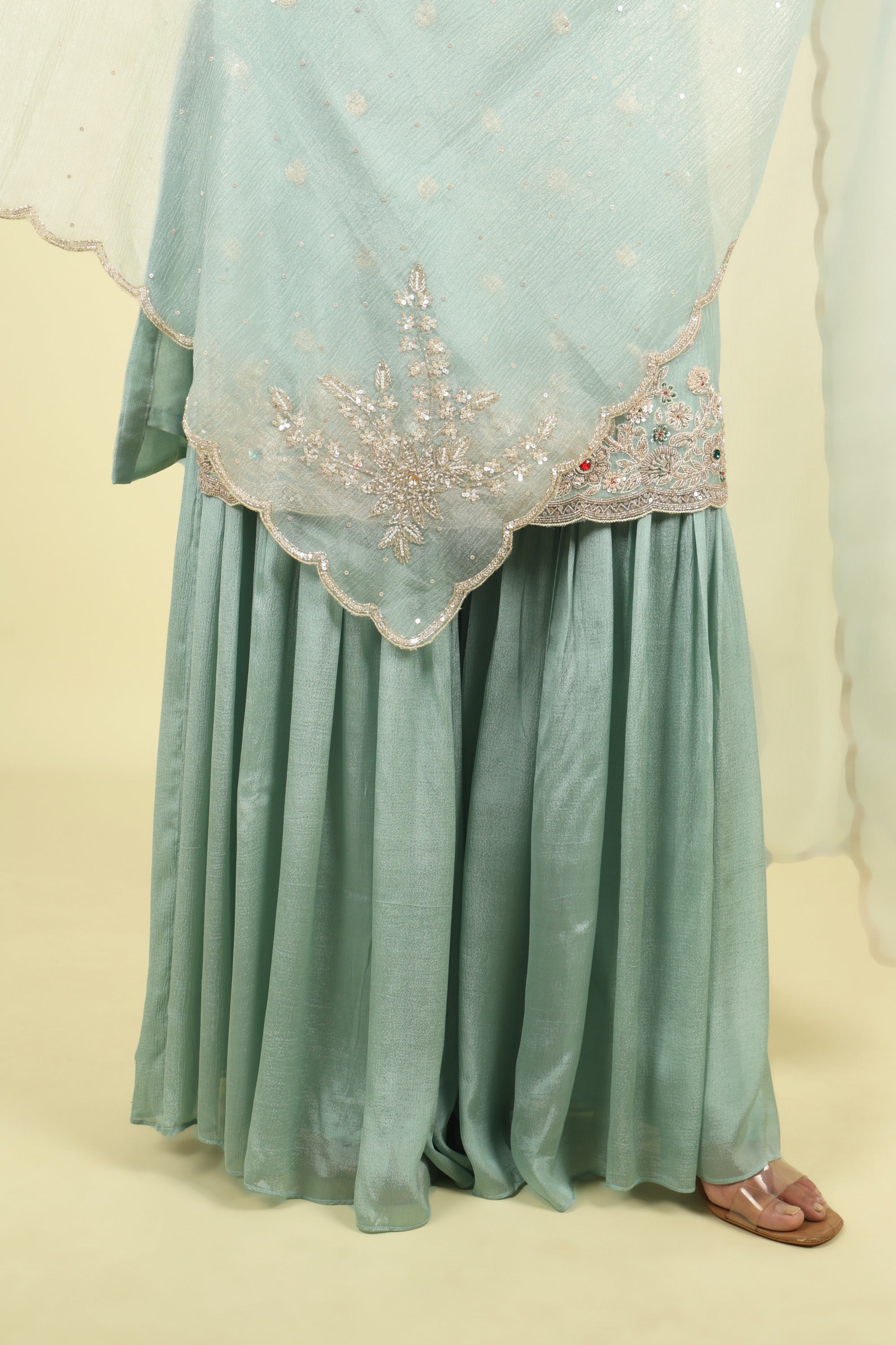 Light Blue Crush Tissue Sharara Set with Cutdana & Pearl Embroidery - Mokshaa